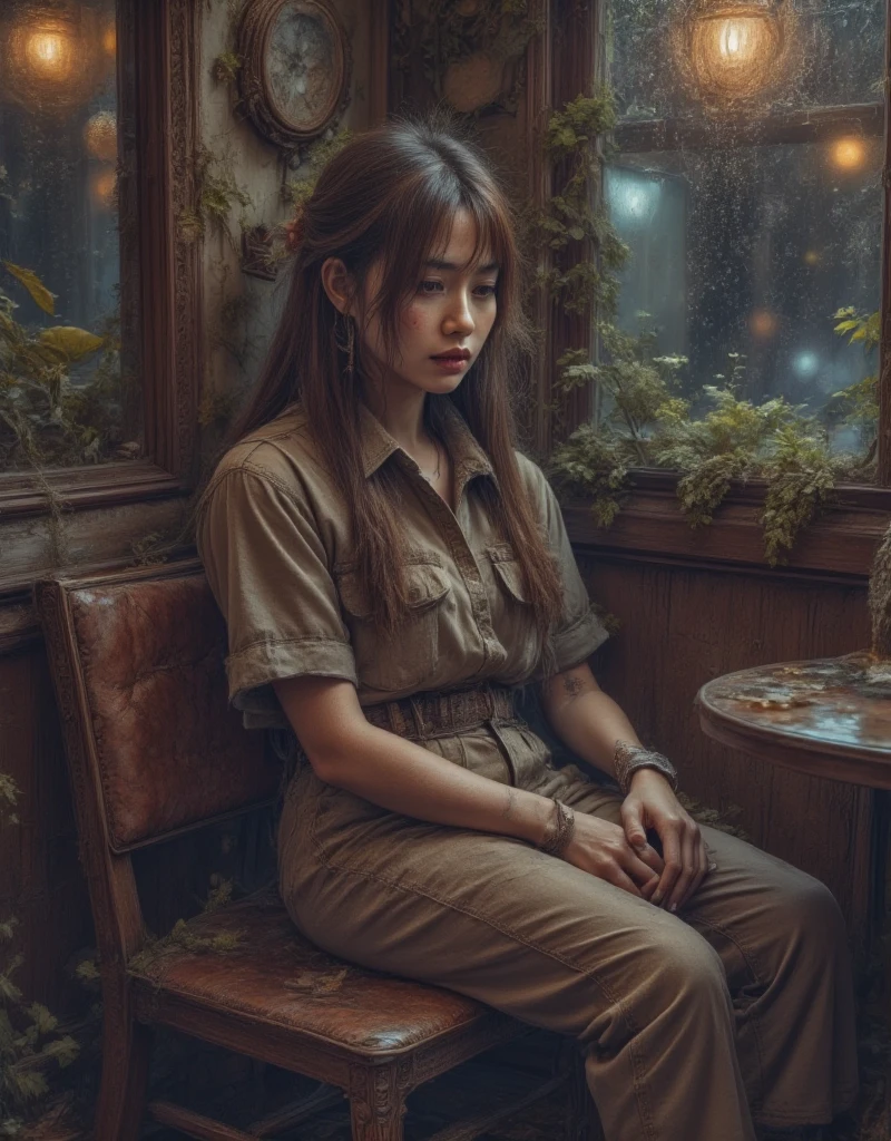 Professional Photography, Wong Kar-Wai's movie lighting style,   on a charming sad oriental beauty in a vintage shirt and vintage khaki pants,   She has long messy straight hair  , She is looking down, Sitting in the corner of the restaurant and leaning back , The window with raindrops , Set in 1980s Hong Kong , Bokeh