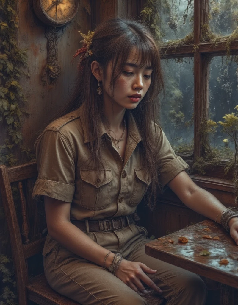 Professional Photography, Wong Kar-Wai's movie lighting style,   on a charming sad oriental beauty in a vintage shirt and vintage khaki pants,   She has long messy straight hair  , She is looking down, Sitting in the corner of the restaurant and leaning back , The window with raindrops , Set in 1980s Hong Kong , Bokeh