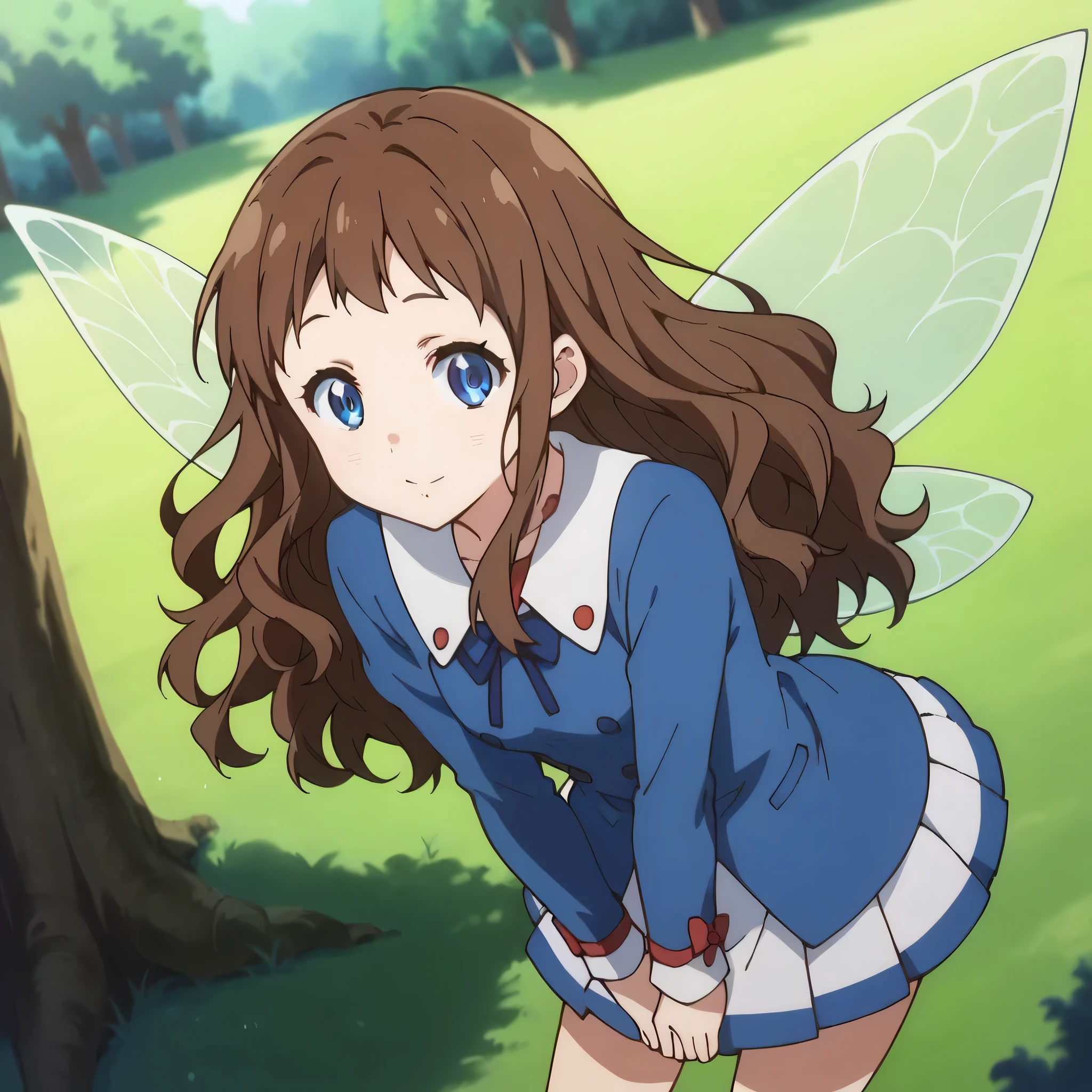 score_9, score_8_up, score_7_up, source_anime,
arche, ai shindou, long hair, blue eyes, brown hair, wavy hair,
skirt, magician dress, mage outfits, fairy wings, pleated skirt,
indoors, bent over, smile, forest, sit on a tree,
looking at viewer, cowboy shot, dutch angle, solo,