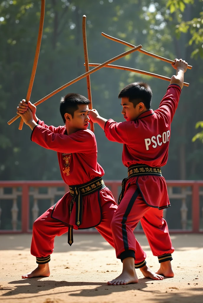 a muay thai gym in traditional thailand, with Thai monuments, an open area on the sides that can be closed at the end of training and a closed roof, punching bags and black and green tatami. Academy in the forest, with wooden walls with ring and 6 people trained using black muay thai shorts and red bandages training naturally. Image taken 10 meters away from the fighters, showing the beauty of the academy
