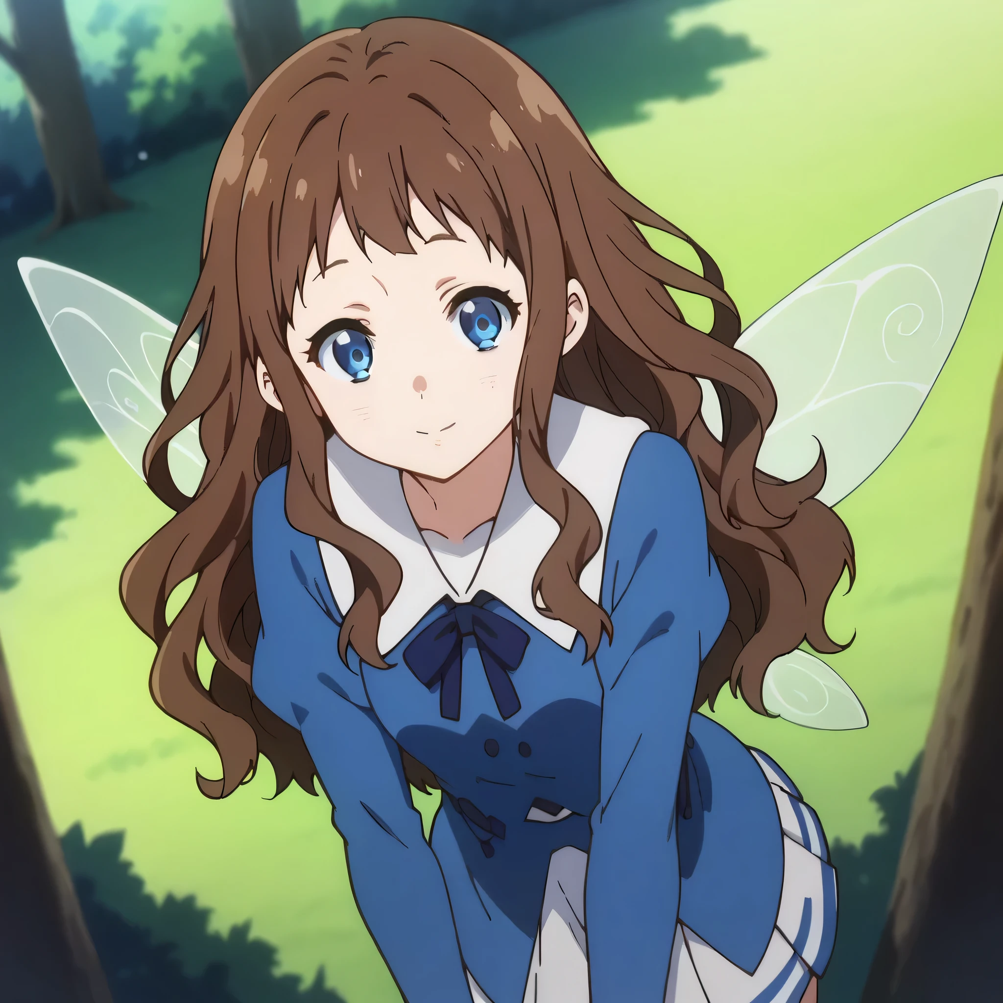 score_9, score_8_up, score_7_up, source_anime,
arche, ai shindou, long hair, blue eyes, brown hair, wavy hair,
skirt, magician dress, mage outfits, fairy wings, pleated skirt,
indoors, bent over, smile, forest, sit on a tree,
looking at viewer, cowboy shot, dutch angle, solo,