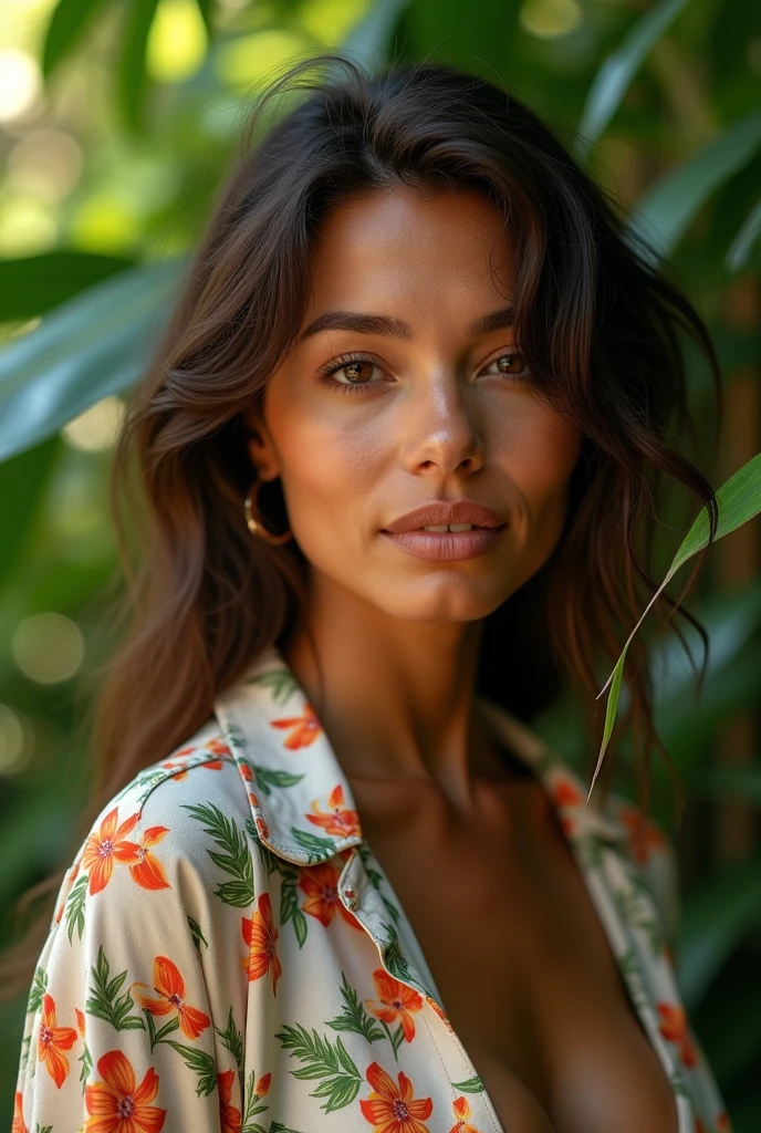 A Brazilian woman in a lush tropical garden, wearing an open shirt with a floral print, with a close-up capturing the harmonious beauty between her breasts and the natural flowers, showing off your natural charm and outgoing personality.