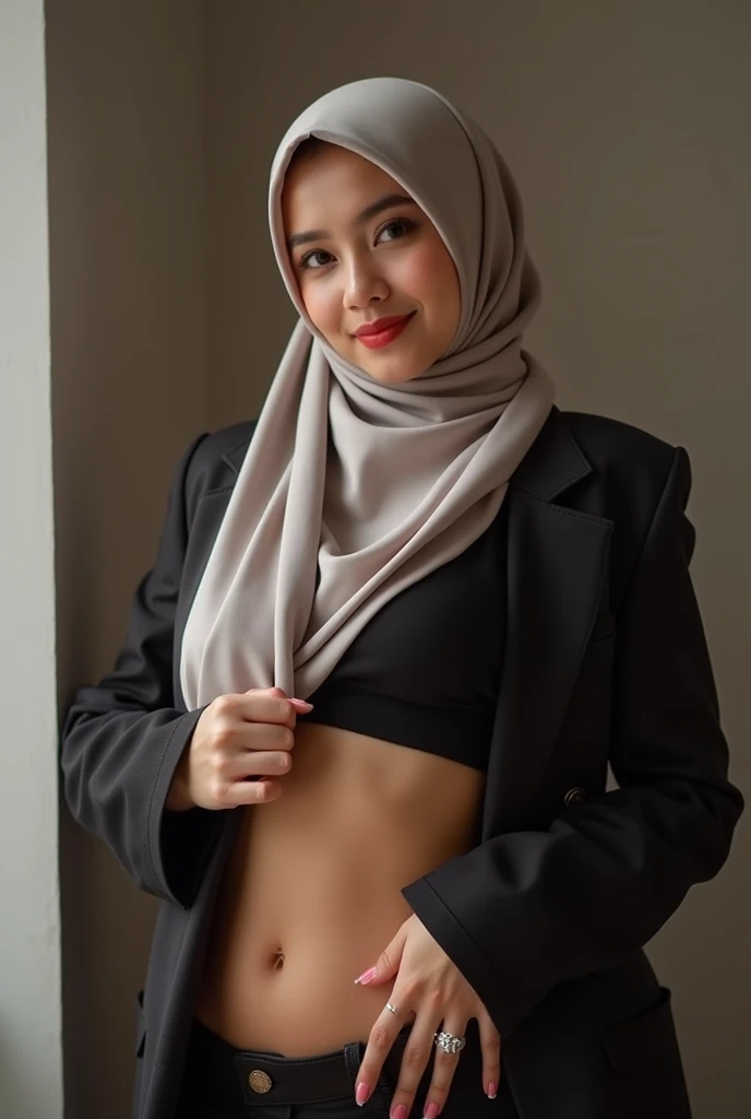 "A malay hijab girl, in the office  squatting looking straight ahead,  The legs are spread in an M shape with both hands folded behind their backs. She wears a white blazer and a white short skirt. I'm wearing high heels." It emphasizes realism in every detail of the image, especially in the eyes. This official art Unreal 8k wallpaper  a very detailed, beautiful, aesthetic masterpiece and of the highest quality. The use of dynamic angles shows the elegance and romanticism of the image. This character has small breasts, see-through panties, and  in the shape of a camel toe. ((small head:1.2))"