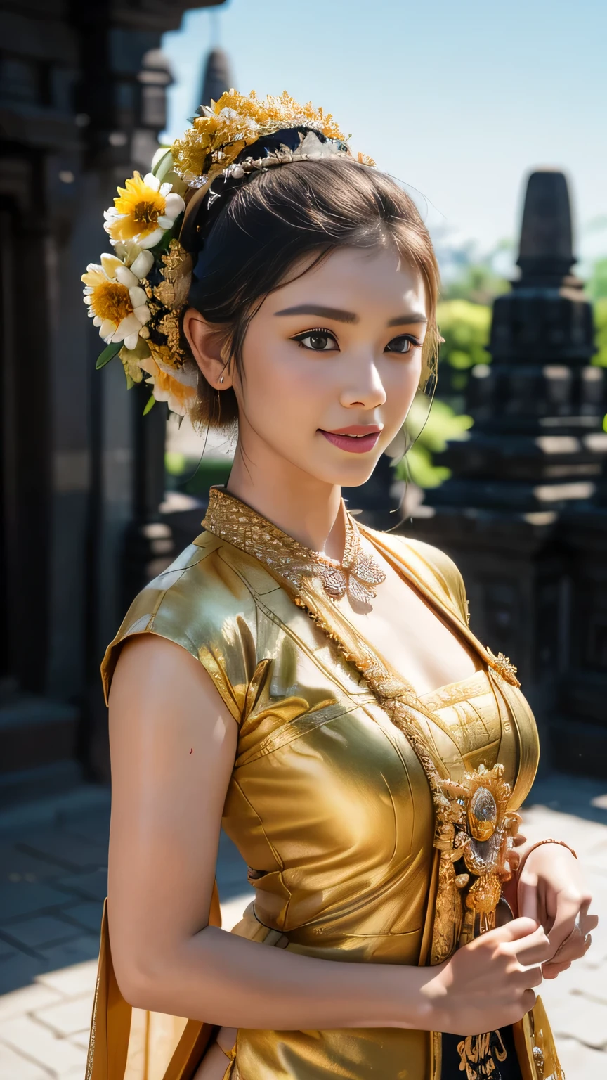 1female, a woman in the era of the Majapahit kingdom, is having a traditional Javanese wedding with gold and black ornaments, wearing a typical Javanese bun, with a charming and charming gaze, smiling, oriental female, with the Prambanan temple in the background, ancient Javanese era, cinematic photography, detailed, hyperrealism, great detail, 8k cinematic, high resolution, symmetrically, cinematic, color grading, photography, shot on 50mm lens, ultra-wide angle, depth of field, hyperdetailed, beautifully color-coded, insane detail, intricate detail, beautiful color grading, incredibly detailed and intricate, hyper maximal, elegant, hyperrealistic, super detailed, posing dynamic, photography, ultra-realistic, Full - HD, high detailed definition, Hyper detailed, 8k