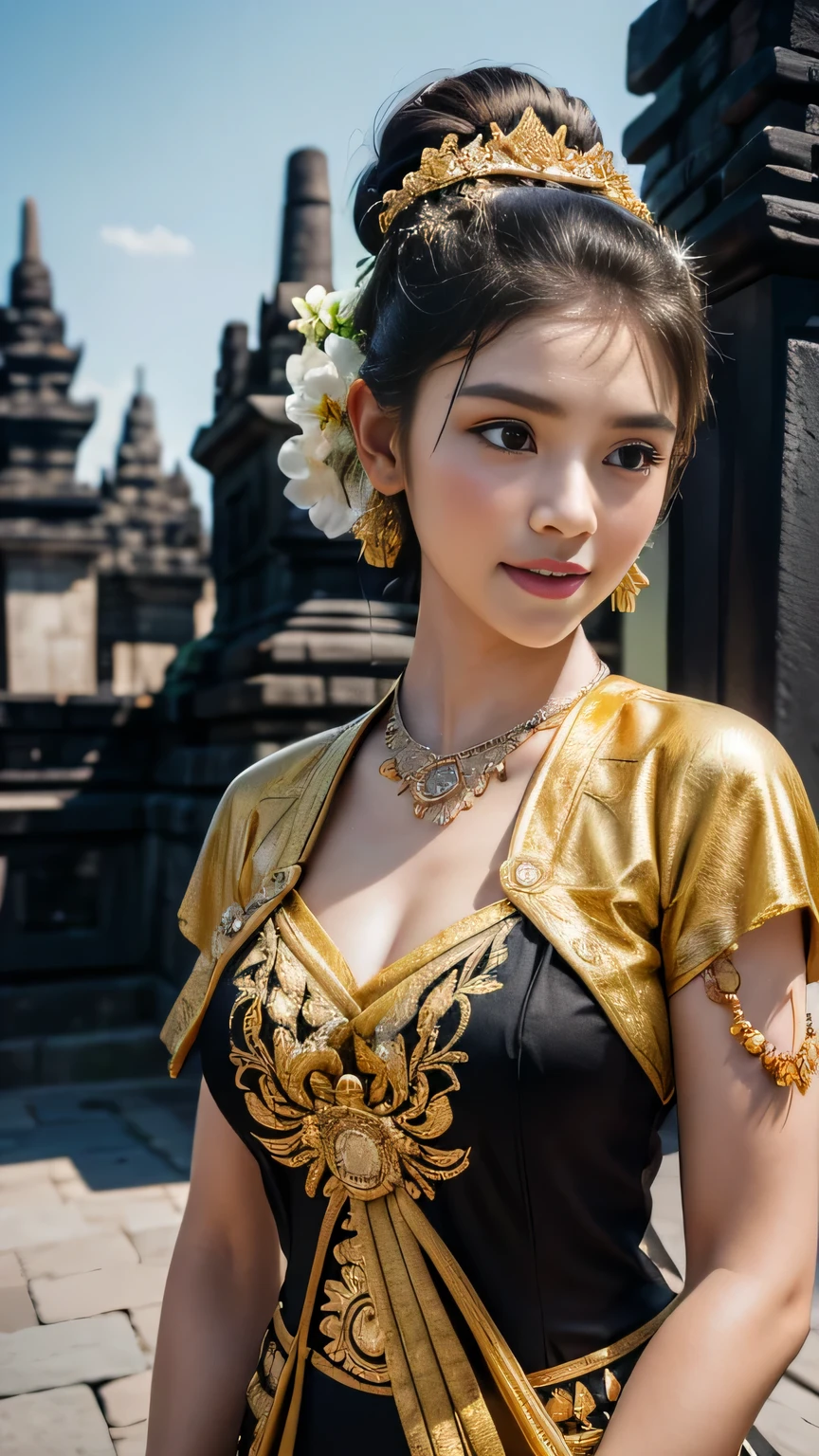 1female, a woman in the era of the Majapahit kingdom, is having a traditional Javanese wedding with gold and black ornaments, wearing a typical Javanese bun, with a charming and charming gaze, smiling, oriental female, with the Prambanan temple in the background, ancient Javanese era, cinematic photography, detailed, hyperrealism, great detail, 8k cinematic, high resolution, symmetrically, cinematic, color grading, photography, shot on 50mm lens, ultra-wide angle, depth of field, hyperdetailed, beautifully color-coded, insane detail, intricate detail, beautiful color grading, incredibly detailed and intricate, hyper maximal, elegant, hyperrealistic, super detailed, posing dynamic, photography, ultra-realistic, Full - HD, high detailed definition, Hyper detailed, 8k