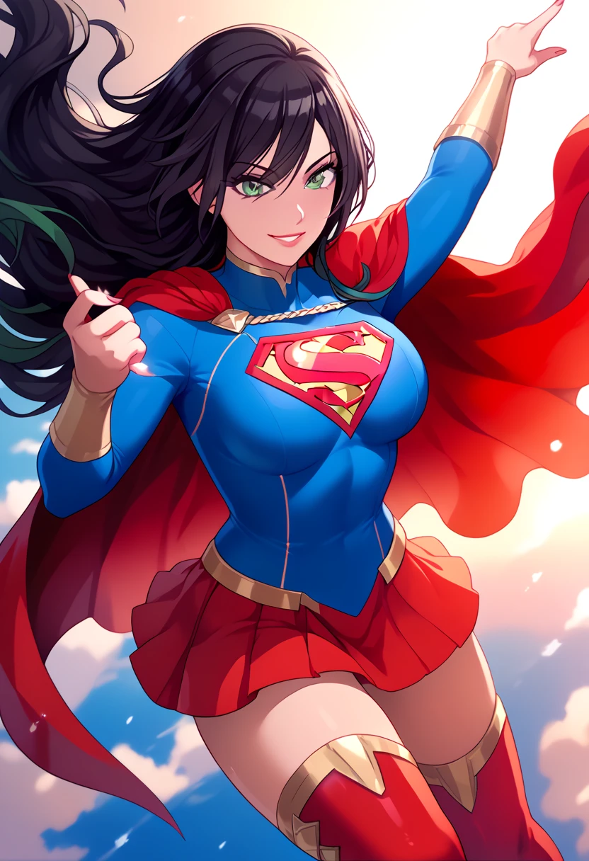 Shirase Sakuya, known for her graceful and mature elegance, brings a sophisticated allure to the classic Supergirl costume. The bright blue top with the iconic red and yellow 'S' emblem highlights her confident posture and commanding presence, perfectly fitting her tall and graceful frame. Her long, flowing dark hair cascades over her shoulders, adding a touch of elegance that flows naturally with the red cape billowing behind her. The red skirt and red knee-high boots complete the look, giving her a balanced mix of femininity and strength.
Sakuya’s poised smile and calm expression bring a sense of assurance and composure to the Supergirl persona, showcasing her natural leadership qualities and resilience. Her transformation captures the essence of a heroine who possesses both beauty and power, ready to protect and inspire with quiet confidence. As Supergirl, Sakuya combines charm and strength seamlessly, embodying a powerful figure who stands ready to face challenges with both grace and resolve.