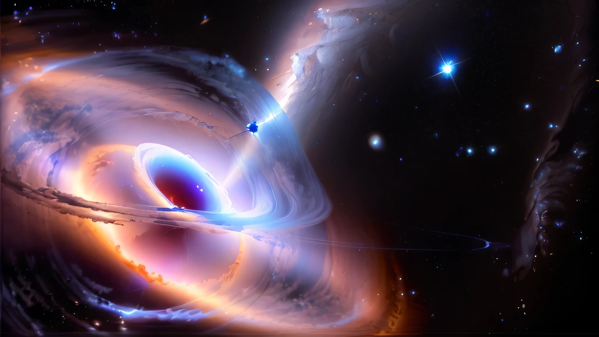 a close up of a black hole with a star in the background, ブラックホールのaccretion disc , Coming out of a black hole, black hole time portal coming out of a black hole , interstellar black hole , Black hole event horizon , are being sucked into a black hole, quasar, Inside a black hole , black holes in space , accretion disc , wormhole 、 in the center is a huge black hole from an interstellar movie , Super High Definition, high definition , High Quality , plasma clouds 、gravitational radiation 、 swirling chaotic light 、 emits huge plasma jets in the vertical direction from the center、Spacetime is distorted and images look distorted、Gradient with unclear and vague outlines 、
