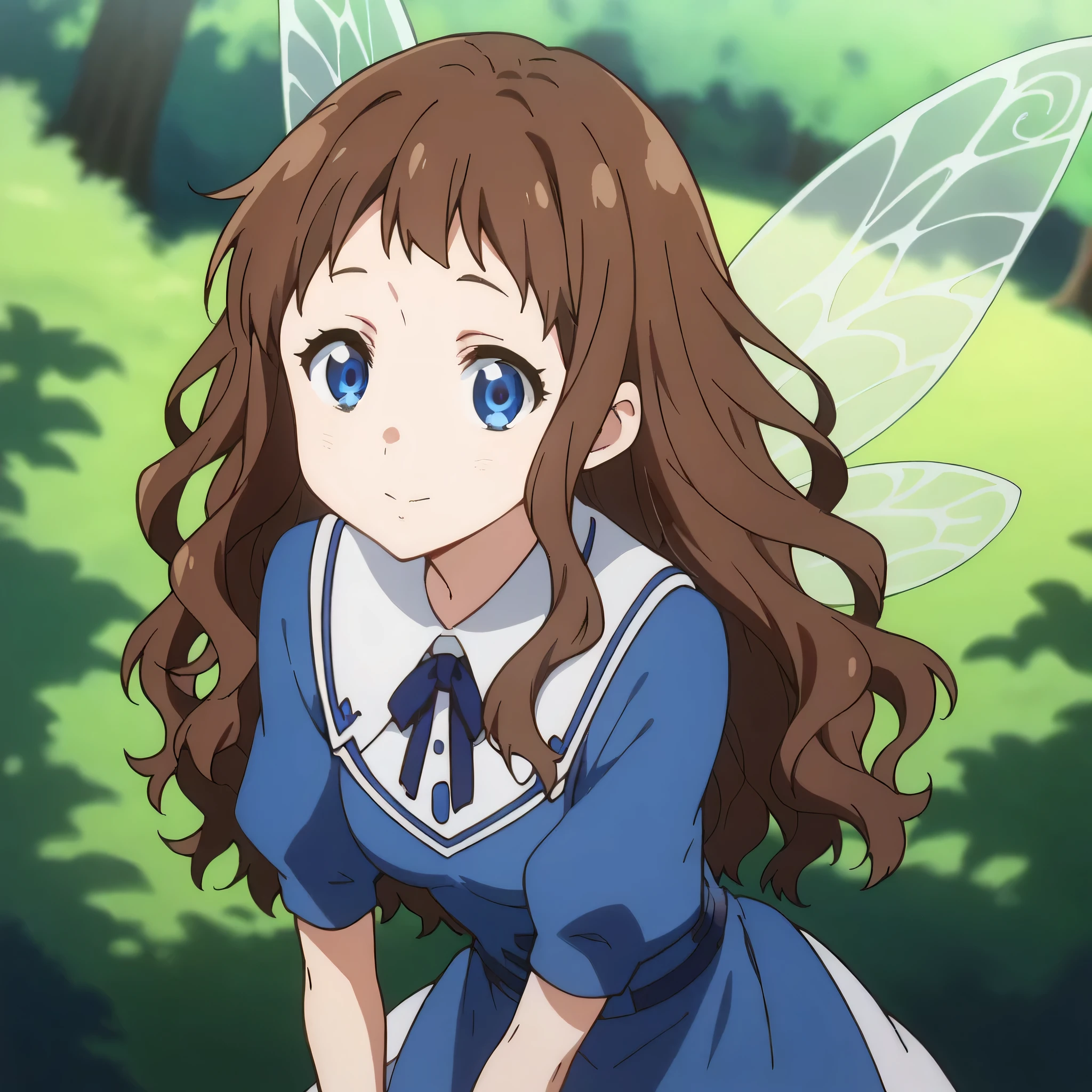 score_9, score_8_up, score_7_up, source_anime,
arche, ai shindou, long hair, blue eyes, brown hair, wavy hair,
skirt, magician dress, mage outfits, fairy wings,
indoors, bent over, smile, forest, sit on a fallen tree,
looking at viewer, cowboy shot, dutch angle, solo,