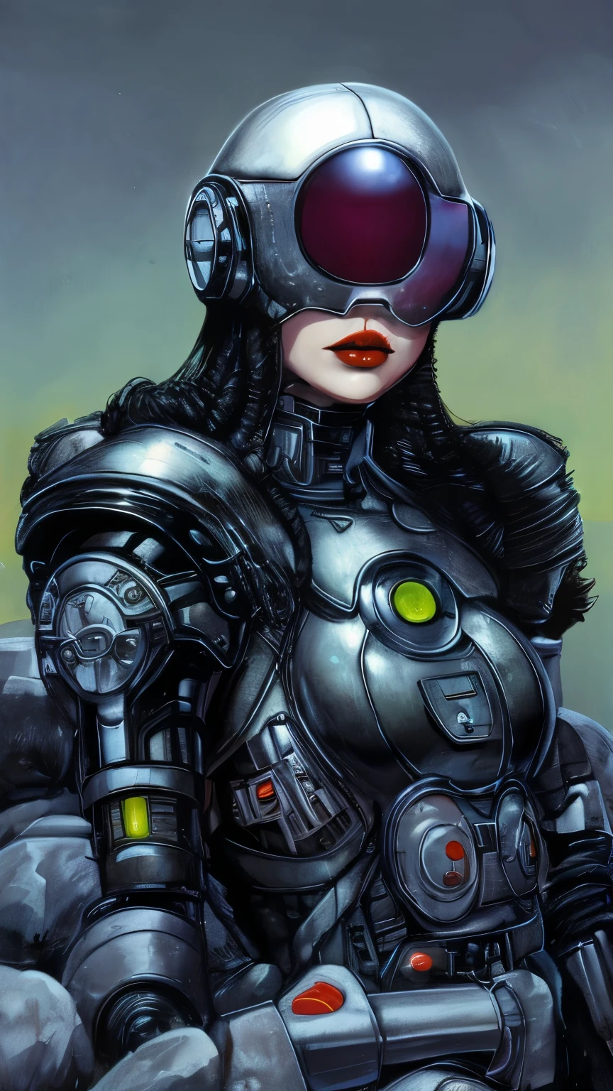  wearing a futuristic helmet 、 Closeup of woman wearing red lipstick,  Cyberpunk Jackie Wells , [cgsociety 9, style =  retrofuturism ,   Beautiful Android woman  ,  Portrait of a female bionic ,  retro futuristic fashion , Still from the movie 《blade runner》,  Female robot in the data center , Moebius aesthetics,  Alien robot movie drama ,  depicting a sci-fi scene ，Engage your audience, sitting,  Random Sexy Pose ,  female panther sexy posture ,  Adopts Curved Type 