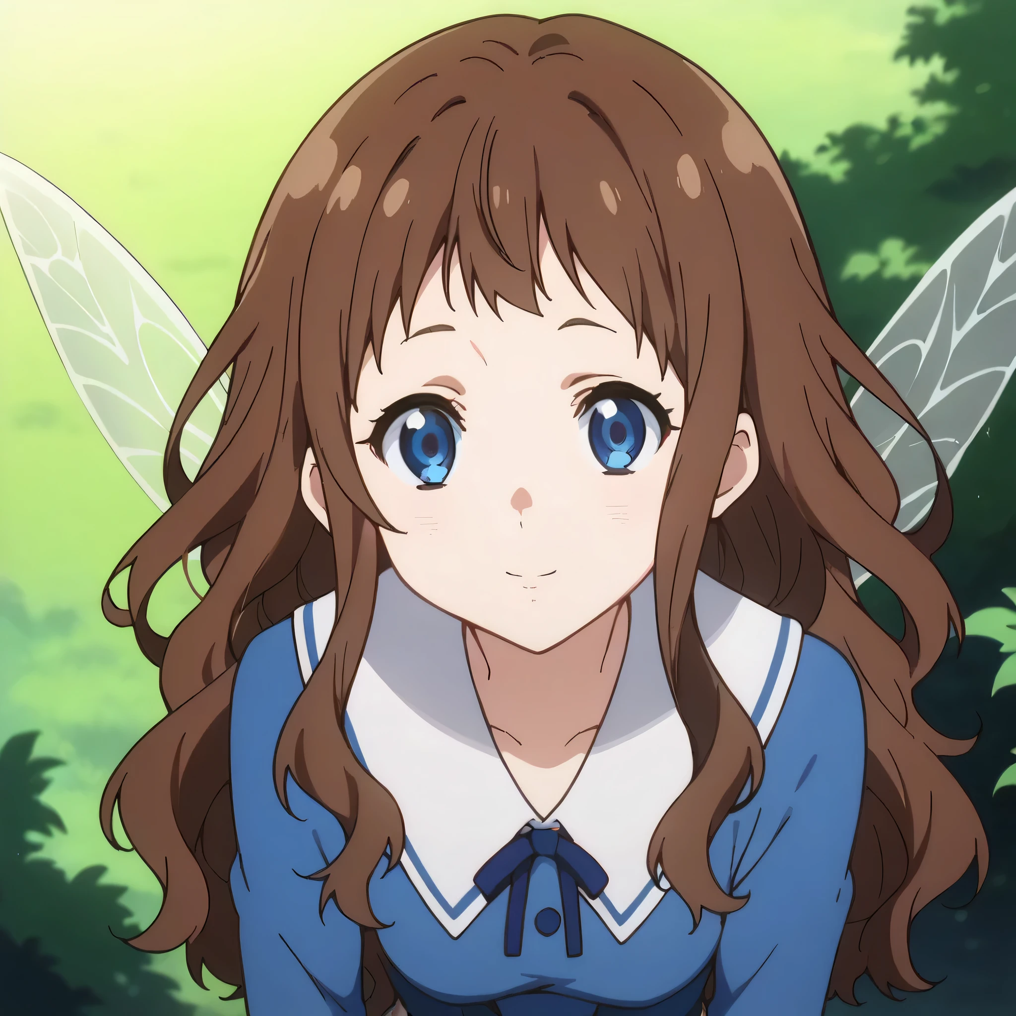 score_9, score_8_up, score_7_up, source_anime,
arche, ai shindou, long hair, blue eyes, brown hair, wavy hair,
skirt, magician dress, mage outfits, fairy wings,
indoors, bent over, smile, forest, sit on a fallen tree,
looking at viewer, cowboy shot, dutch angle, solo,