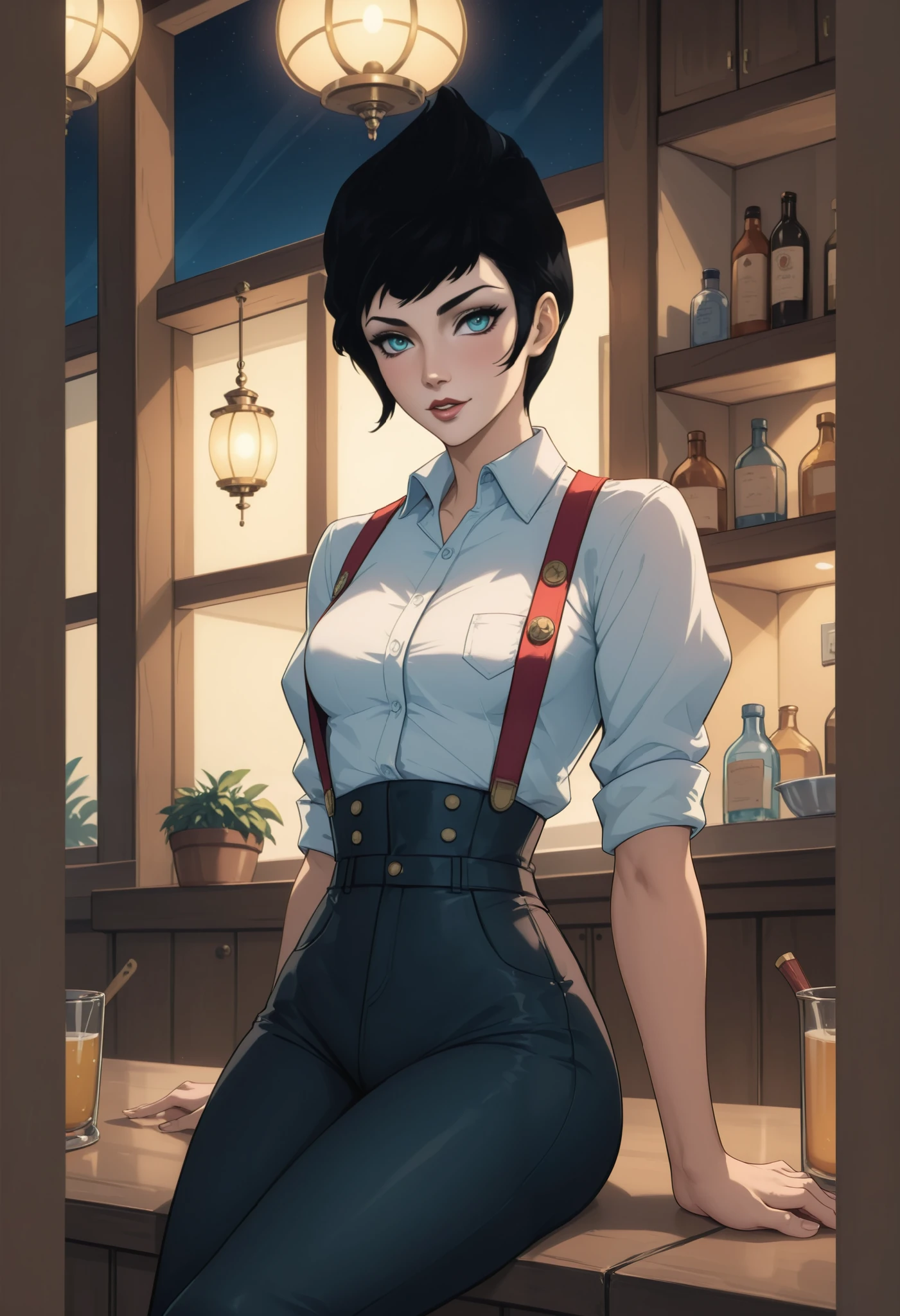 anime - style illustration of a woman sitting on a counter in a kitchen, makoto shinkai ( apex legends ), cushart krenz key art feminine, lofi bioshock steampunk portrait, full body portrait of a short!, official character art, lofi steampunk bioshock portrait, faye valentine, highly detailed exquisite fanart, bioshock infinite art style