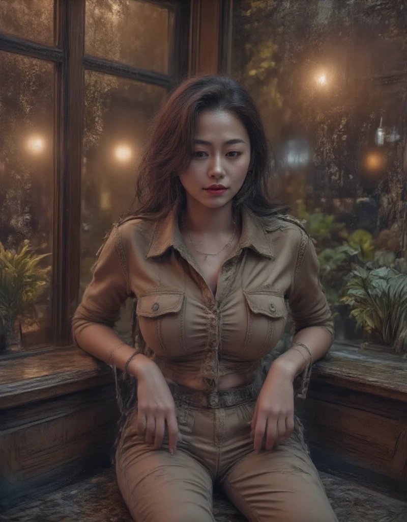 Professional Photography, Wong Kar-Wai's movie lighting style,   on a charming sad oriental beauty in a vintage shirt and vintage khaki pants,   She has long messy straight hair  , She is looking down, Sitting in the corner of the restaurant and leaning back , The window with raindrops , Set in 1980s Hong Kong , Bokeh