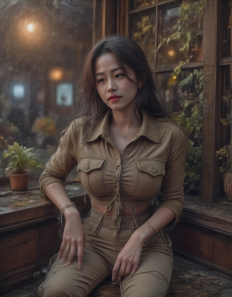 Professional Photography, Wong Kar-Wai's movie lighting style,   on a charming sad oriental beauty in a vintage shirt and vintage khaki pants,   She has long messy straight hair  , She is looking down, Sitting in the corner of the restaurant and leaning back , The window with raindrops , Set in 1980s Hong Kong , Bokeh