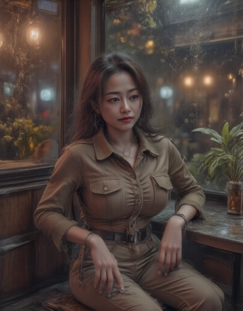 Professional Photography, Wong Kar-Wai's movie lighting style,   on a charming sad oriental beauty in a vintage shirt and vintage khaki pants,   She has long messy straight hair  , She is looking down, Sitting in the corner of the restaurant and leaning back , The window with raindrops , Set in 1980s Hong Kong , Bokeh