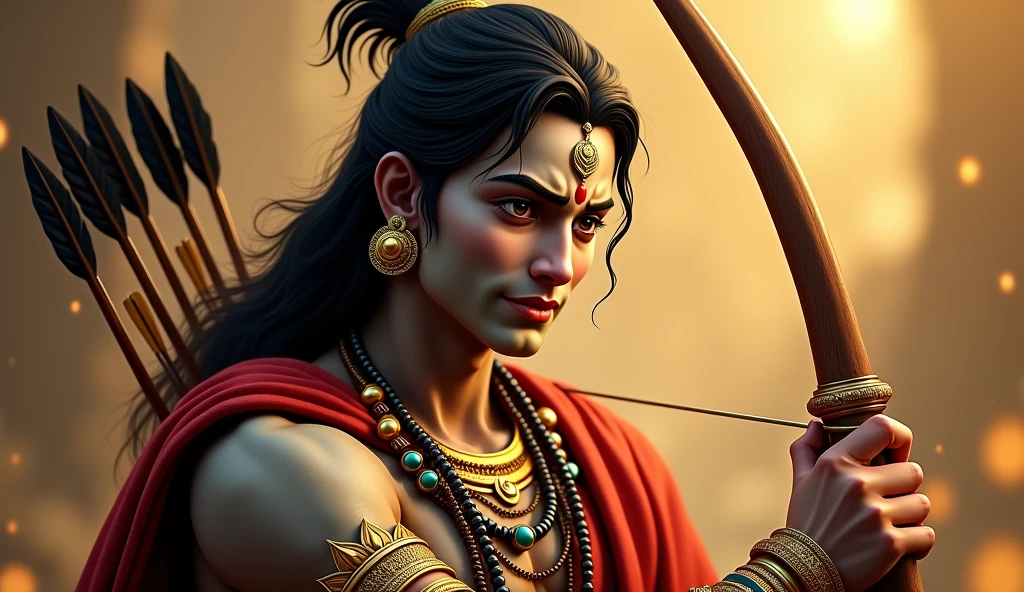 Create an image of Lord Rama, depicted as a tall, youthful, and handsome figure with a radiant golden complexion. His body is strong and muscular, yet graceful and serene. He has large, lotus-shaped eyes that exude purity and wisdom, with a calm and peaceful expression on his face. He wears a royal crown adorned with jewels and is dressed in elegant yet simple royal garments. He is adorned with gold ornaments, such as necklaces, earrings, and armlets. He carries a bow and arrows, symbolizing his warrior nature. His posture is regal and majestic, with a soft smile reflecting his kindness and righteousness. The backdrop should evoke an ancient, divine setting, like a forest or palace, to reflect his princely and divine heritage."realistic