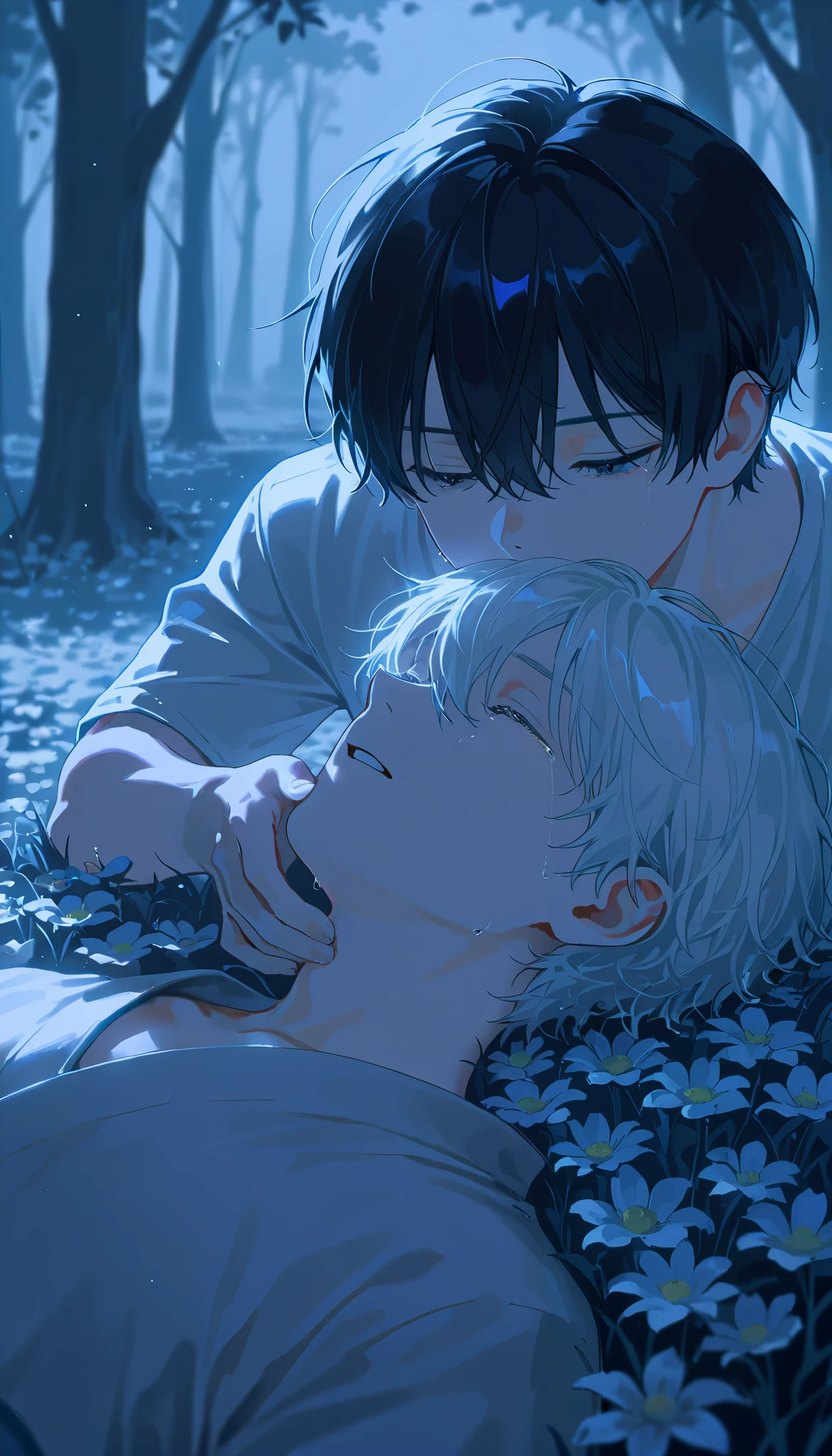 A wild boy is sheltering from the rain under a tree。Being a wild , he is naked and barefoot.。The surrounding area is surrounded by greenery。Close-up on a person