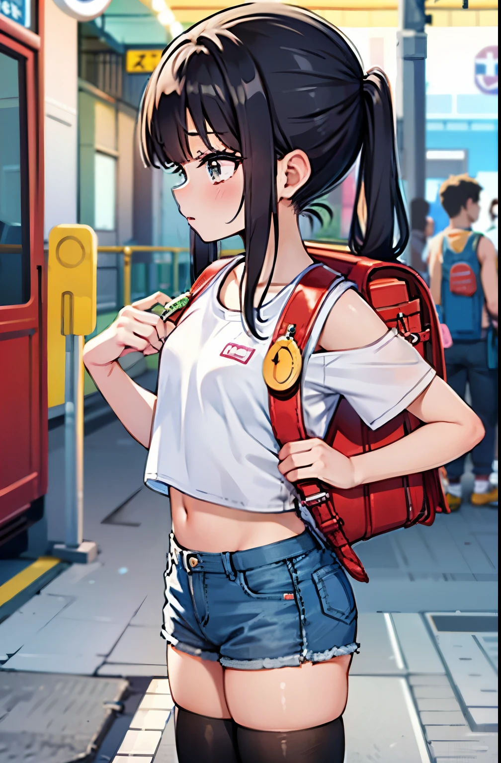 Masterpiece, hd, nightgown, girl in her twenties, girl in her Japan, (small breasts), perfect skin, perfect figure, hair tied back, gravure,wearing randoseru backpack, side view, (randoseru backpack:1.2), cropped top, bare midriff, print shirts, no sleeve, very short tight pants, dark hair, long hair, swimtan, tanline, black Thigh-high socks,