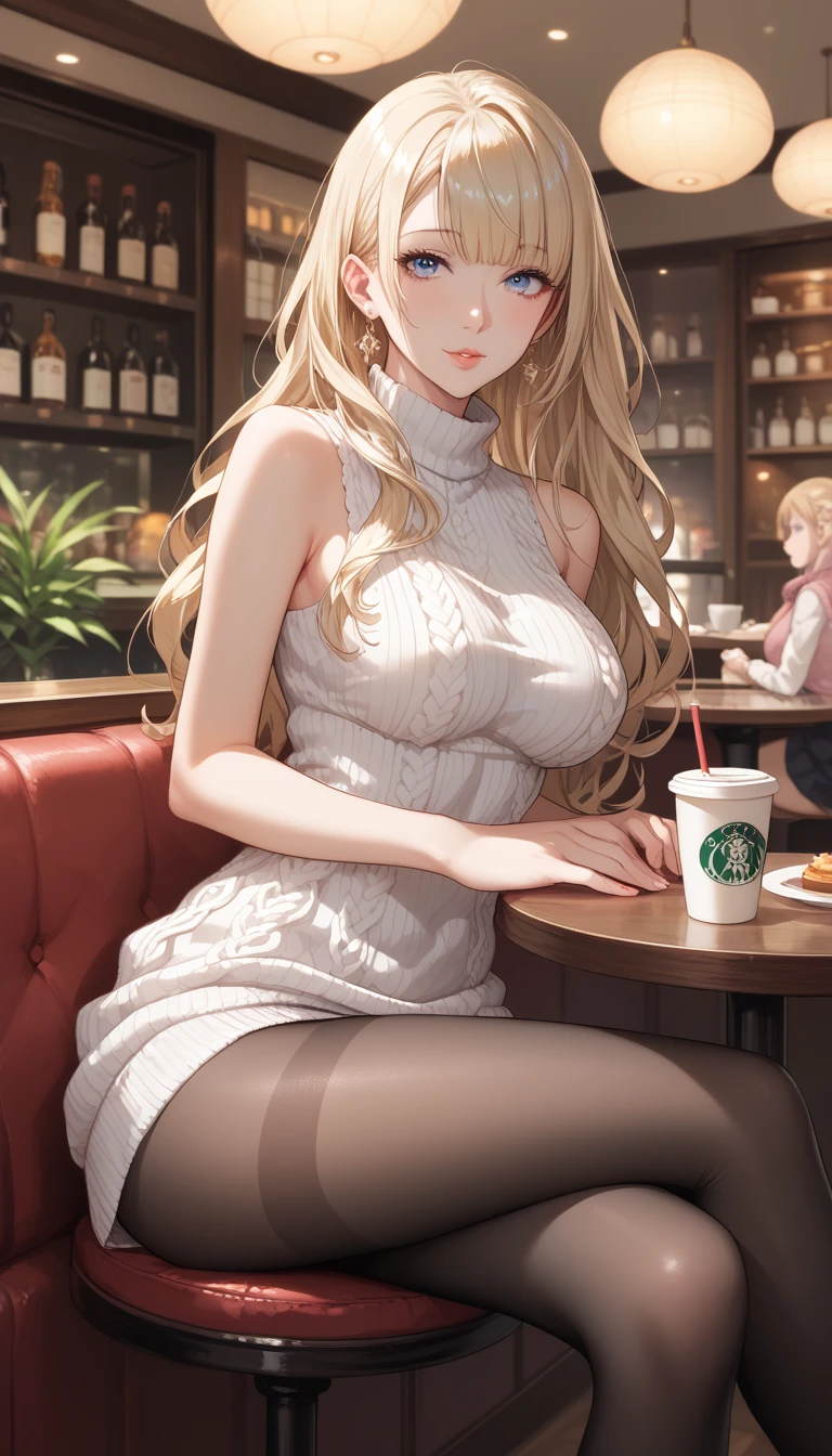 (score_9,score_8_up,score_7_up),1woman,solo,source_anime,mature,big sister,middle age,blonde hair,green eyes,wide hips, large breasts,looking at viewer, sitting on a chair, cafe table, coffee cup, white turtleneck, blue skirt, night time, inside cafe