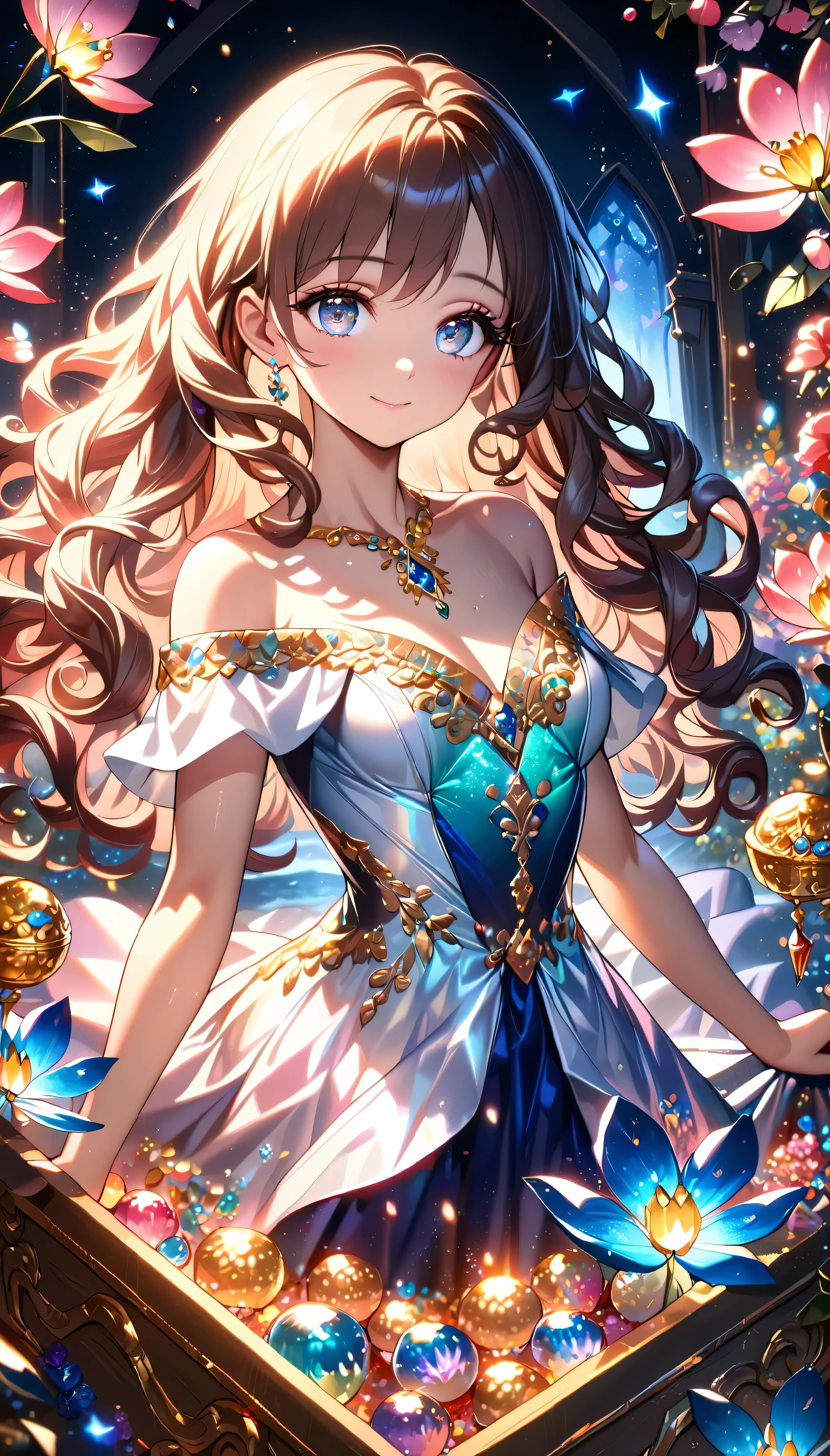 Cute single girl, Curly Hair, SIDE PONYTAIL , Plaid Off-the-Shoulder Dress, hyper detailed beautiful eyes, cowboy shot, Fluffy, ((Particles of light)), shallow depth of field, ( Lots of Fluttering Petals ), (((Fantasically Glowing Flowers ))), It's in a big jewelry box filled with lots of jewels, treasure, ((Superbly detailed, exquisite quality, absolutely resolution)),