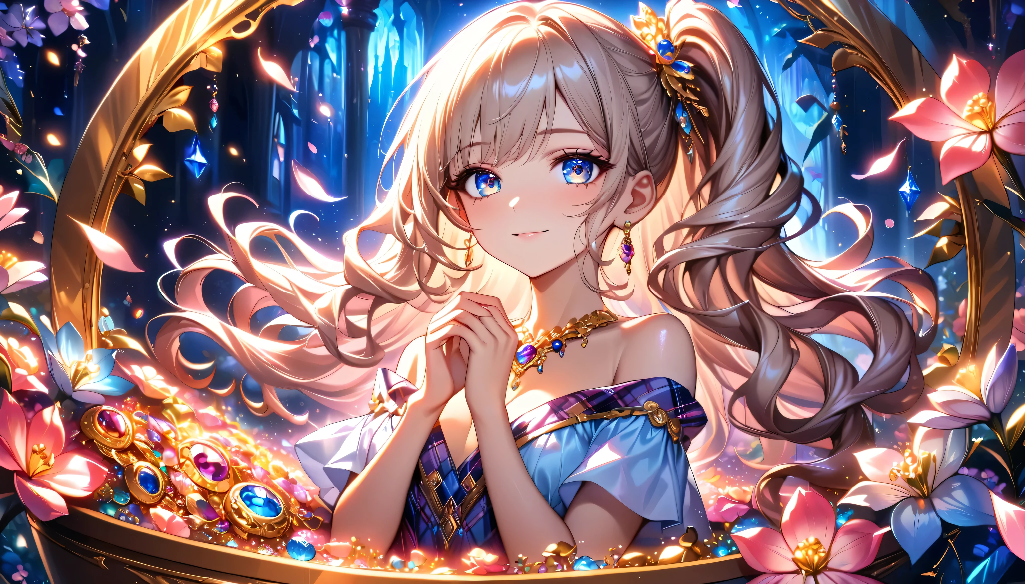 Cute single girl, Curly Hair, SIDE PONYTAIL , Plaid Off-the-Shoulder Dress, hyper detailed beautiful eyes, upper body, Fluffy, ((Particles of light)), shallow depth of field, ( Lots of Fluttering Petals ), (((Fantasically Glowing Flowers ))), The girl is in a big jewelry box filled with lots of jewels, treasure, (Perfect Anatomy), (Perfect hands), ((Superbly detailed, exquisite quality, absolutely resolution)),