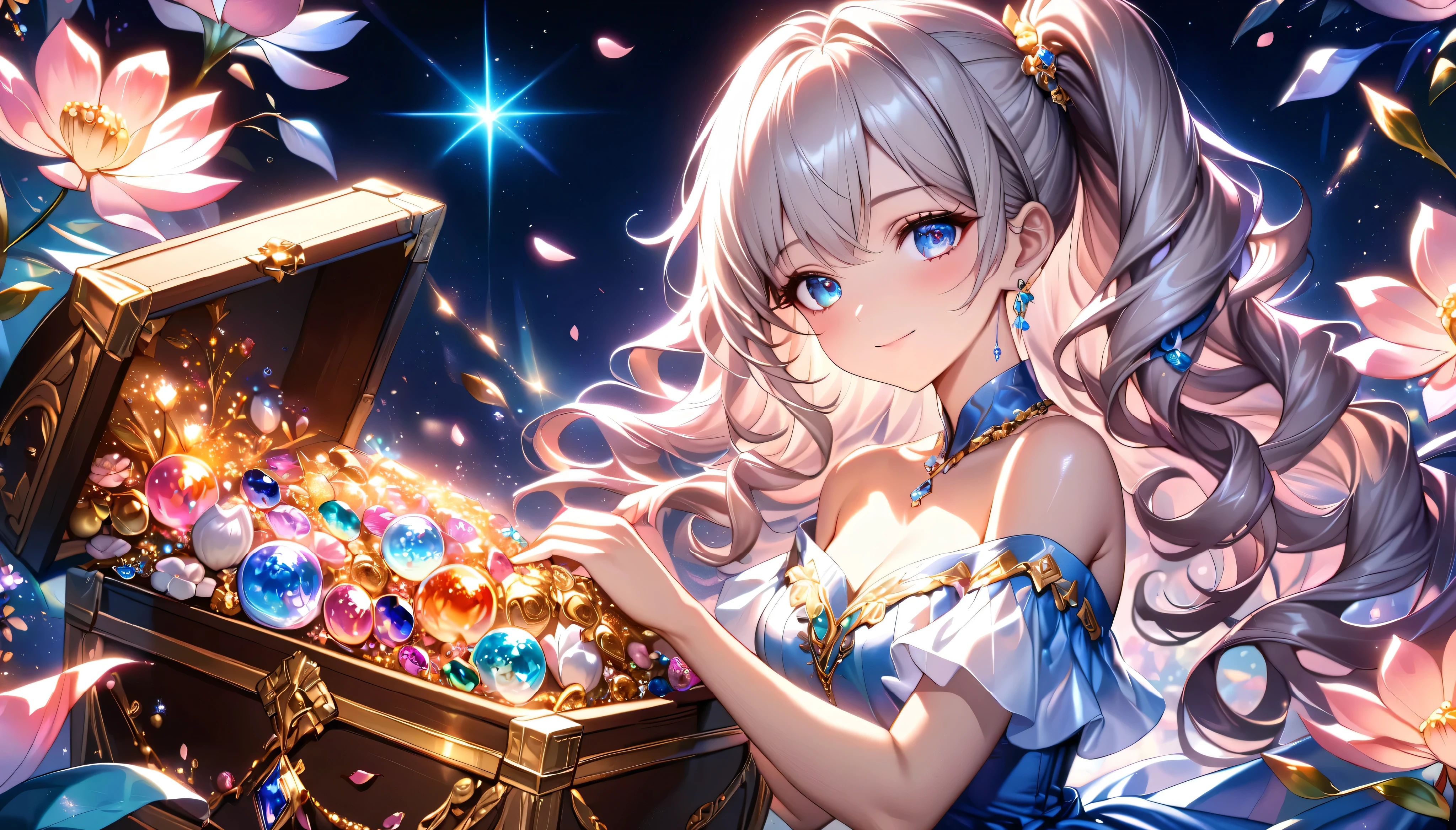 Cute single girl, Curly Hair, SIDE PONYTAIL , Plaid Off-the-Shoulder Dress, hyper detailed beautiful eyes, upper body, Fluffy, ((Particles of light)), shallow depth of field, ( Lots of Fluttering Petals ), (((Fantasically Glowing Flowers ))), The girl is in a big jewelry box filled with lots of jewels, treasure, (Perfect Anatomy), (Perfect hands), ((Superbly detailed, exquisite quality, absolutely resolution)),
