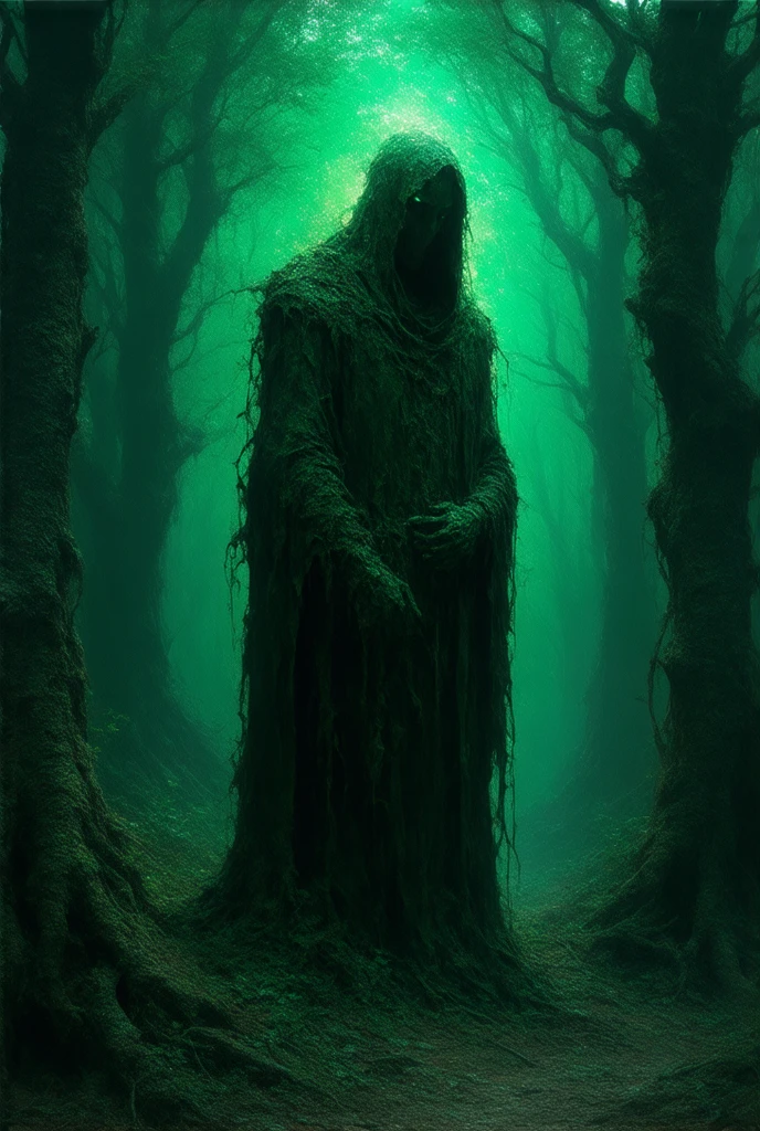 masterpiece, best quality, divine quality, divine art, a cursed statue in the deep forest claustrophobic enviroment, evil aura of terror, deeply cursed forest