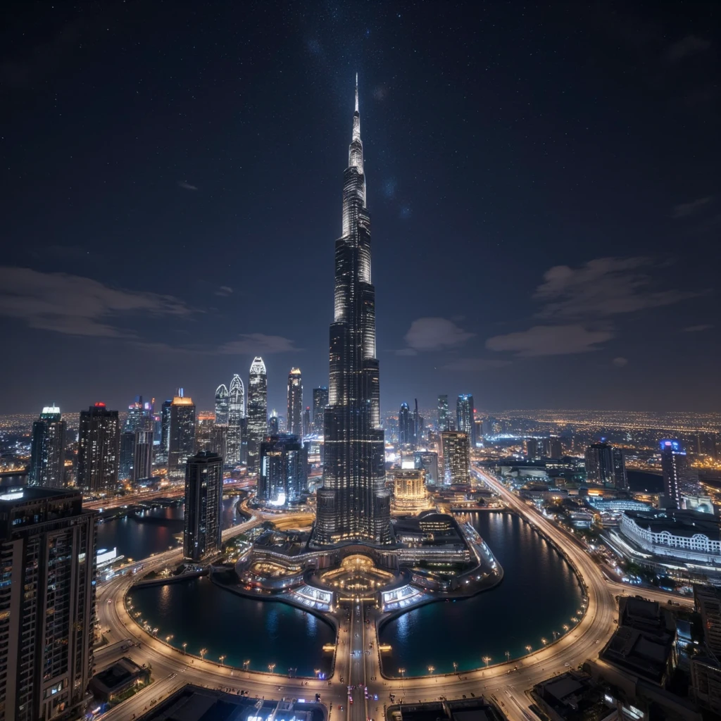 Burj Khalifa and night cityscape in Dubai