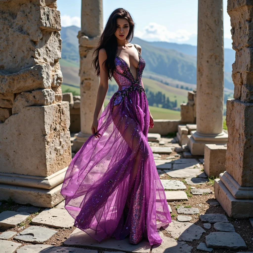 Cute beautiful and sexy European brunette with light green eyes, 22 years,
seductive look in the eyes, girl naked, wearing stocking, castle ruins, full body shot, walking, sardonic smile, purple velvet dress, sneakers, bare legs, Purple dress,
innocent face, face length 1.3 times the width of the face, almond eyes, square face shape, High cheekbones, Naturally wavy hair, Light green eyes, high resolution, masterpiece, Best Quality, intricate details, Very detailed, Sharp focus, detailed skin, realist skin texture, texture, detailed eyes, professional, 4k, charming smile, shot with cannon, depth of field, Kodak Color Vision, perfectly fitted body, extremely detailed, Photo_\( ultra\), Photorealist, realist, post processing, Maximum details, roughness, real life, ultrarealist, Photorealism, Photography, 8k hd, Photography