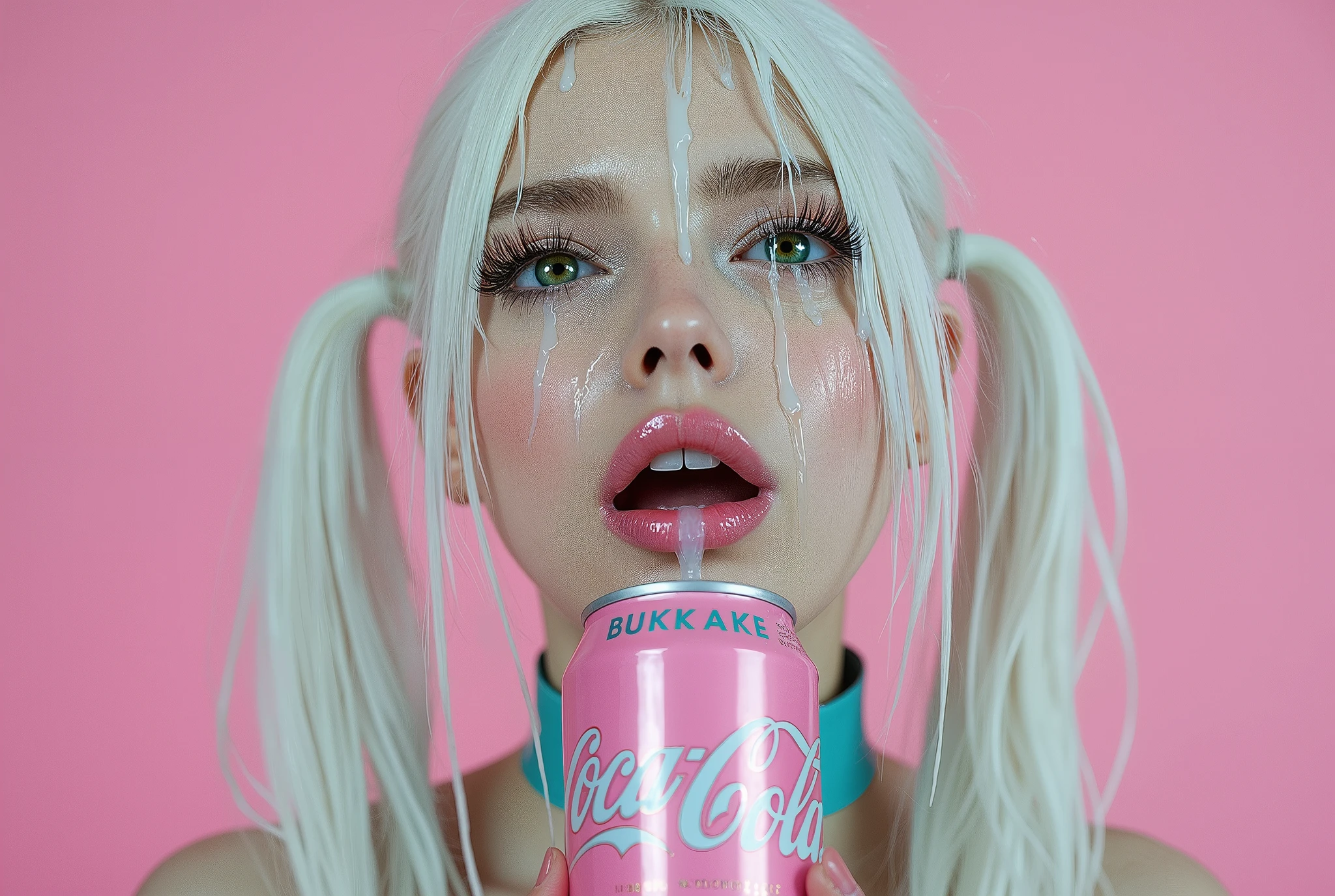 vBeautiful young albino girl with bright green eyes, long straigt platina blond hair with a pigtails, light pink plane background , porcelain skin , (Thick turqouse leather choker with silver text "BUKKAKE"), Cumface teen with lots of white, sticky, wet, Here Mouth is slitly open and she got Cum in here mouth, white transucent cum all over here face, (Cum on face), Cum on forehead, Dripping cum, (she is holding pink CocaCola can text in gold " CocoCola CUM" just under here narrow chin with the text "CocaCola CUM" whitten in gold on the can), the white canis stained with white sticky cum, Ultra detaild skin,slighty freckles, photo ultra-realistic, hyper-detailed , Vogue photo shoot , cinematic, narrow cute cheek, big lfull ips with glossy pink lipstick, extra long thick eyelashes, pink blush on here cheeks,