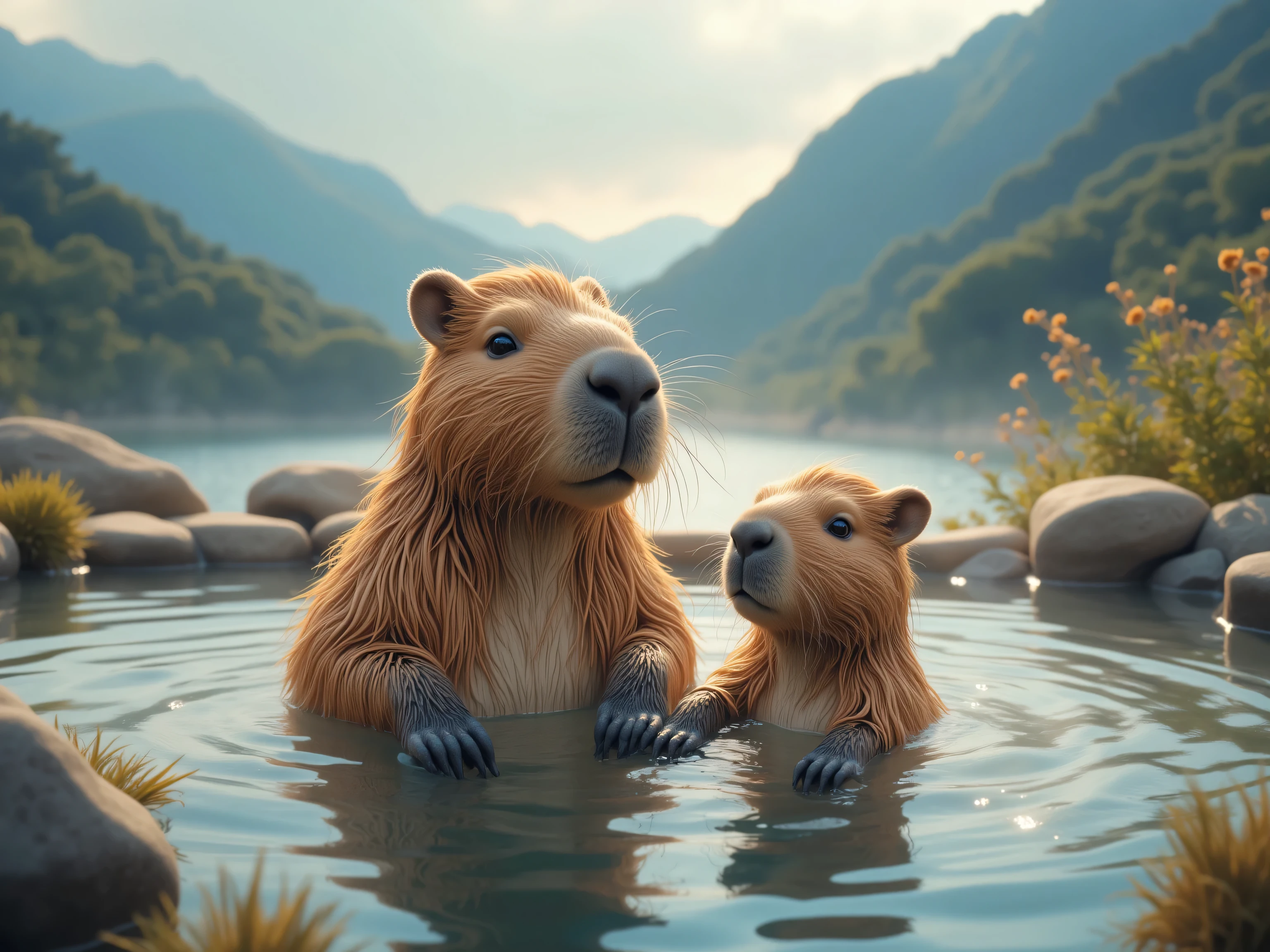 (masterpiece:1.3, highres:1.2), hot spring, A real father and capybara seem to be enjoying a relaxing bath: 1.3, cute, cute, cute, steam, steam, steam, The hot springs are surrounded by a relaxing atmosphere:1.3, Deep mountain scenery, blue sky