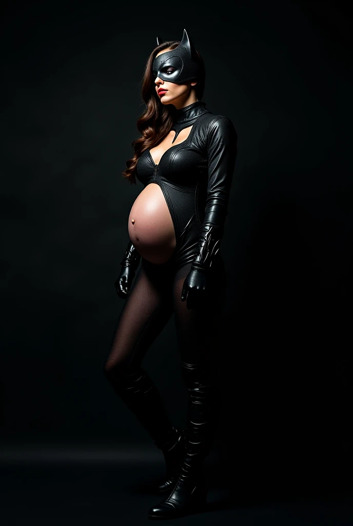 Carrie-Anne Moss with updo hairstyle, as a dominant mature visibly pregnant woman, elaborate fetish patent leather body, which is very narrow V-cut,  She wears very high overknee boots, the whole body is visible, it is in the evening with skyline of skyscrapers in the background