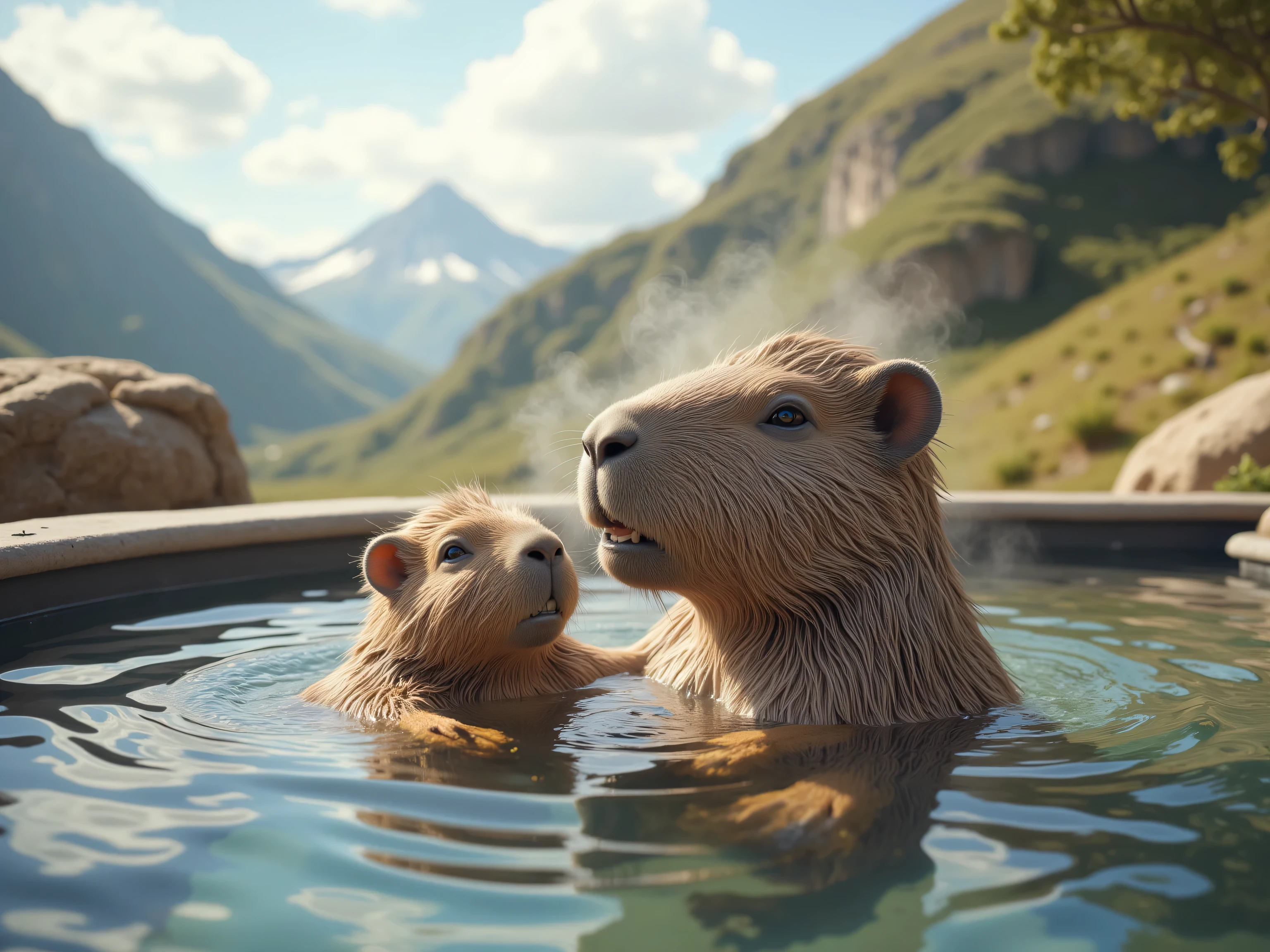 (masterpiece:1.3, highres:1.2), hot spring, A real father and capybara seem to be enjoying a relaxing bath: 1.3, cute, cute, cute, steam, steam, steam, The hot springs are surrounded by a relaxing atmosphere:1.3, Deep mountain scenery, blue sky