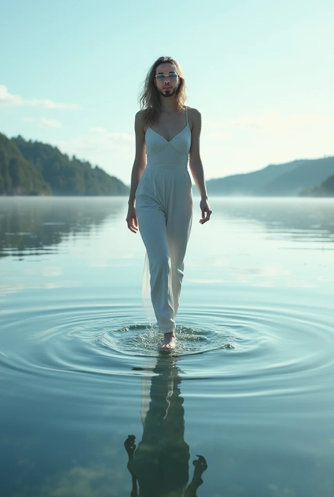 Full body photo of beautiful Russian woman Completely naked, standing in the water. ((large breasts)) 20 years old, dirty face, sexy, cute, wet body, perfectly clothed body.