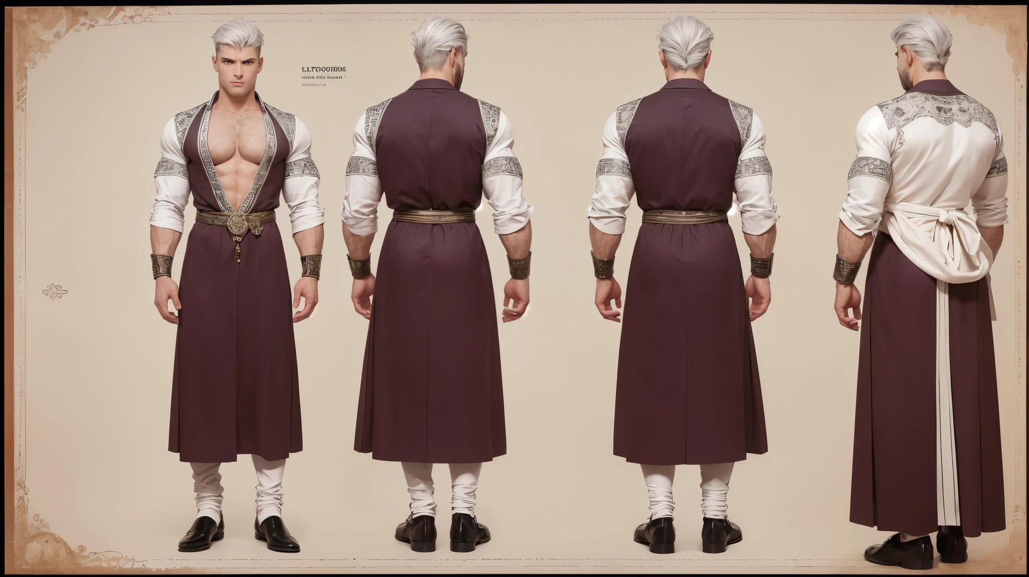 ( masterpiece), ultra detailed, 3 views, Character view ( front view , side view, back view), ( detailed character sheet ), Reference sketch of a Greek slave, hair your physical appearance is often described as a person with a strong, muscular build , 18 years old, silver hair or white hair, stylized short hair , with hairy chest, pink nipples, Wearing traditional white Greek clothing , like a loose tunic or chiton , ultra realistic , crunchy, Intricate Details, Intricate Details y estilo, simple background illustration.