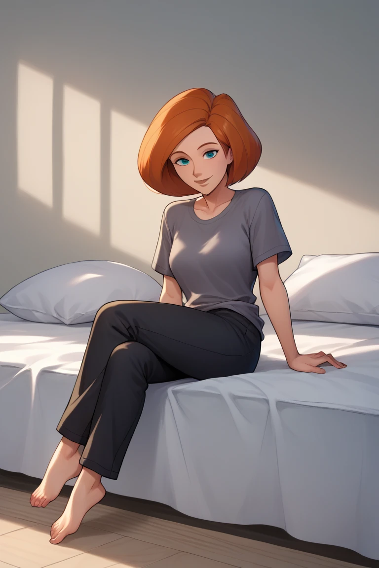 score_9, score_8_up, score_7_up, BREAK, 1girl, solo, breasts,  annpossible, mature female, gray oversized shirt,  short sleeves, black pajama pants, looking at viewer, smile, full body, bedroom background, sitting on bed