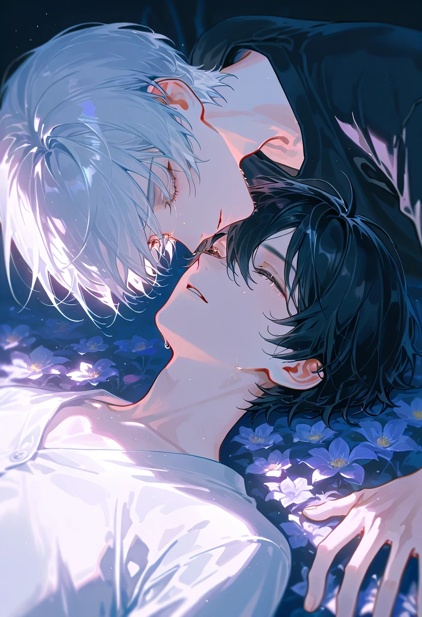 Ultra detailed, HDR, Highres, absurdres, master piece, Gojou Satoru, closed eyes, white hair with bangs, white eyelashes, Fushiguro Megumi, black hair, Jujutsu Kaisen, black shirt, purple glittering butterflies, purple ice, petals, purple ice glass roses, 2 sexy men together, gay couple kissing, love, handsome, glittering, water, fantasy, magical,