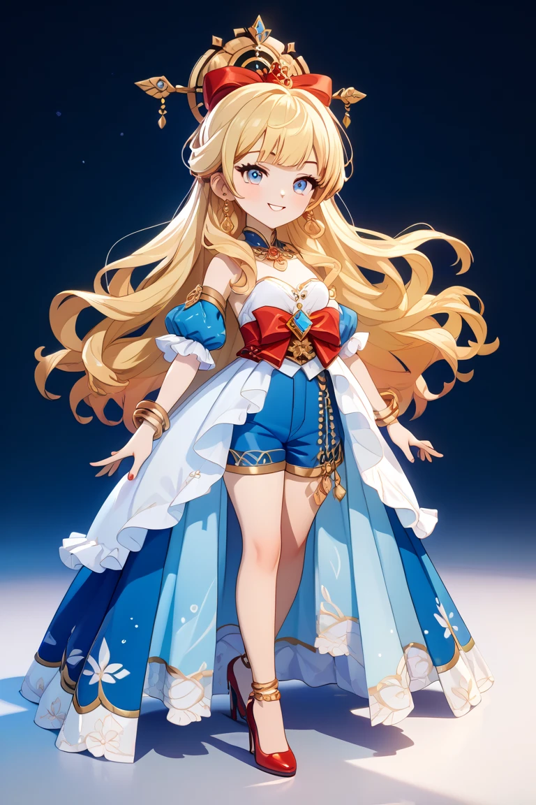 Create a stylized and detailed 3D model of a beautiful girl in anime style. Image is a digital artwork featuring a young girl with light fair skin and almond-colored eyes, she's pure and lively. The character has an gracious, tidy, curling, blonde hair and wears an intricate costume consisting most of white, red, blue and pink, she Also has a red and white cape flowing behind her exposing her shoulders, showing a short top revealing her midriff and high-waisted blue shorts. The outfit includes red ribbons wrapped around her legs and red high heels. There's a red adornment in her hair. The model should be well-lit with soft shadows, showing accurate proportions and anatomical details suitable for game or animation character design. The background should be neutral or simple, ensuring the focus on the character. High resolution, intricate textures, and consistent design across all perspectives. 