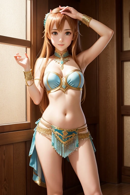 masterpiece,Highest quality,Very detailed,Photorealistic,High Fantasy,Dancing Beautiful Girl,Beautiful blonde,Luxurious sky blue belly dance costume,gemのイヤリング,gem,Soft lighting, 15 years old girl,Perfect Face,Beautiful and detailed eyes,Big bright eyes,Beautiful Skin,skinny,Small breasts,Dynamic,Dynamic Angles,Outside the desert ruins,Active pose