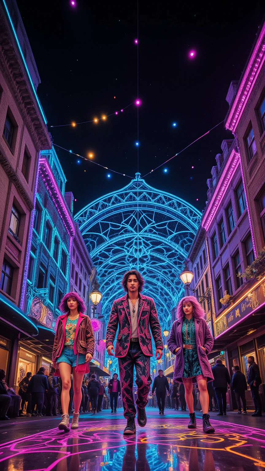 Create a hyper-realistic depiction of a vibrant 1980s music stage set against a dazzling neon cityscape. The scene features a dynamic dance models, showcasing unique 80s style clothing, complete with bold patterns and extravagant accessories. Capture the raw emotion and excitement of the moment, with models strutting confidently under bright neon lights, surrounded by an serialism fantasy dreamy magical objects immersed in the spectacle. Incorporate unusual and vibrant colors, with a backdrop of holographic elements and psychedelic designs, evoking a sense of trippy nostalgia. Include intricate details like a honeycomb pattern in the stage design, enhancing the overall atmosphere of this magical, electrifying night.