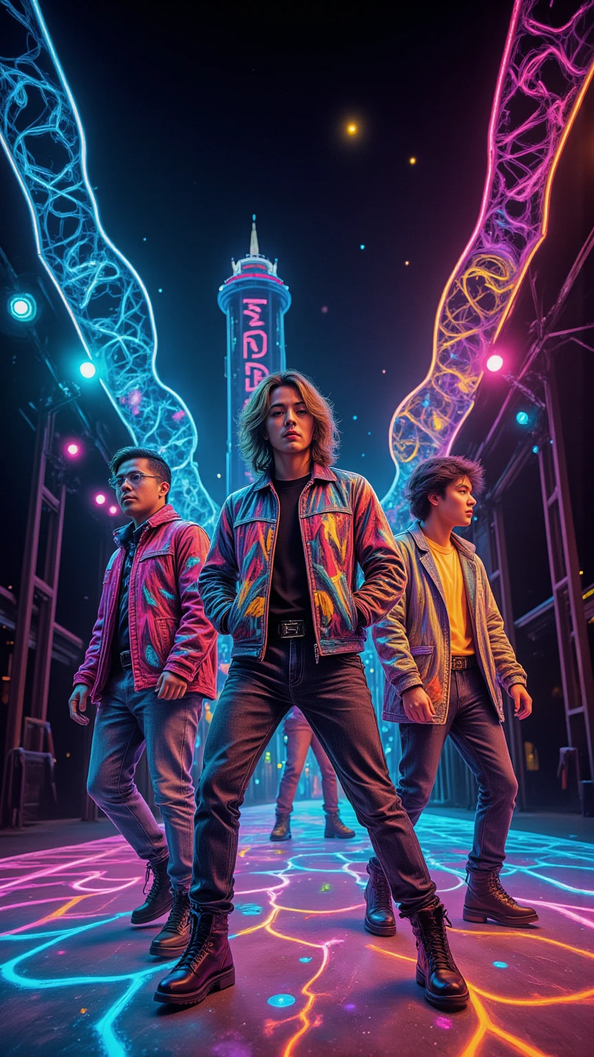 Create a hyper-realistic depiction of a vibrant 1980s music stage set against a dazzling neon cityscape. The scene features a dynamic dance models, showcasing unique 80s style clothing, complete with bold patterns and extravagant accessories. Capture the raw emotion and excitement of the moment, with models strutting confidently under bright neon lights, surrounded by an serialism fantasy dreamy magical objects immersed in the spectacle. Incorporate unusual and vibrant colors, with a backdrop of holographic elements and psychedelic designs, evoking a sense of trippy nostalgia. Include intricate details like a honeycomb pattern in the stage design, enhancing the overall atmosphere of this magical, electrifying night.