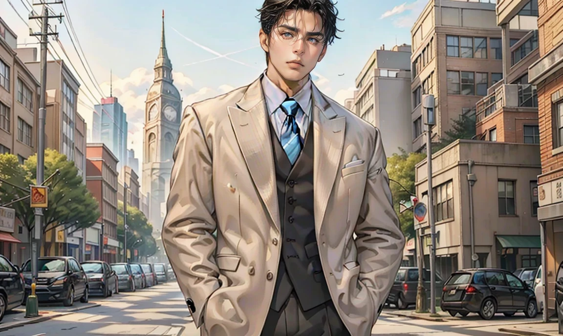 (masterpiece, best quality), 1 male, middle-aged masculine appearance:1.4, tall muscular guy, broad shoulders, finely detailed eyes and detailed face and detailed clothes, intricate details, realistic, very handsome, black hair, pale blue eyes, sharp chiseled face:1.7, professionally-dressed in a suit & tie:1.4, teacher:1.4, stoic, severe cold expression:1.7, wearing glasses:1.5, standing outside a secondary-school building, surrounded by trees.