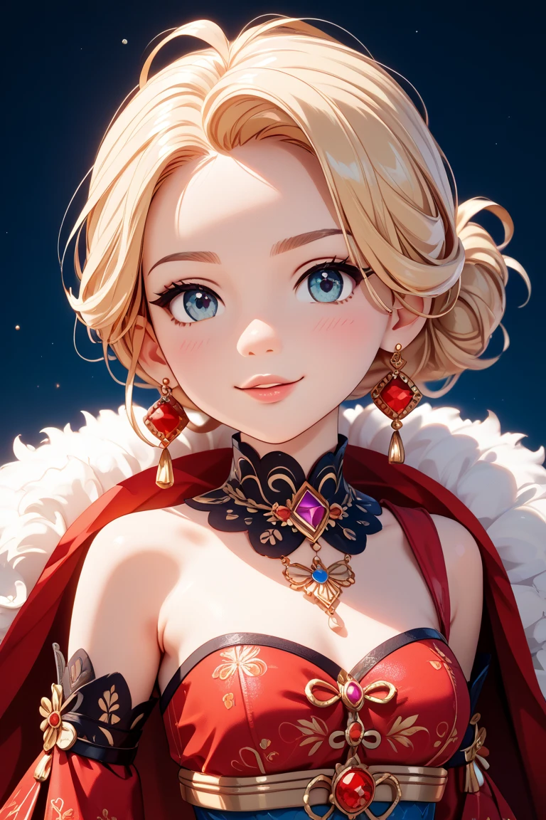 Create a stylized and detailed 3D model of a beautiful girl in anime style. Image is a digital artwork featuring a young girl with light fair skin and almond-colored eyes, she's lively. The character has an gracious, tidy, curling, blonde hair and wears an intricate costume consisting most of white, red, blue and pink, she Also has a red and white cape flowing behind her exposing her shoulders, showing a short top revealing her midriff and high-waisted blue shorts. The outfit includes red ribbons wrapped around her legs and red high heels. There's a red adornment in her hair. The model should be well-lit with soft shadows, showing accurate proportions and anatomical details suitable for game or animation character design. The background should be neutral or simple, ensuring the focus on the character. High resolution, intricate textures, and consistent design across all perspectives. 