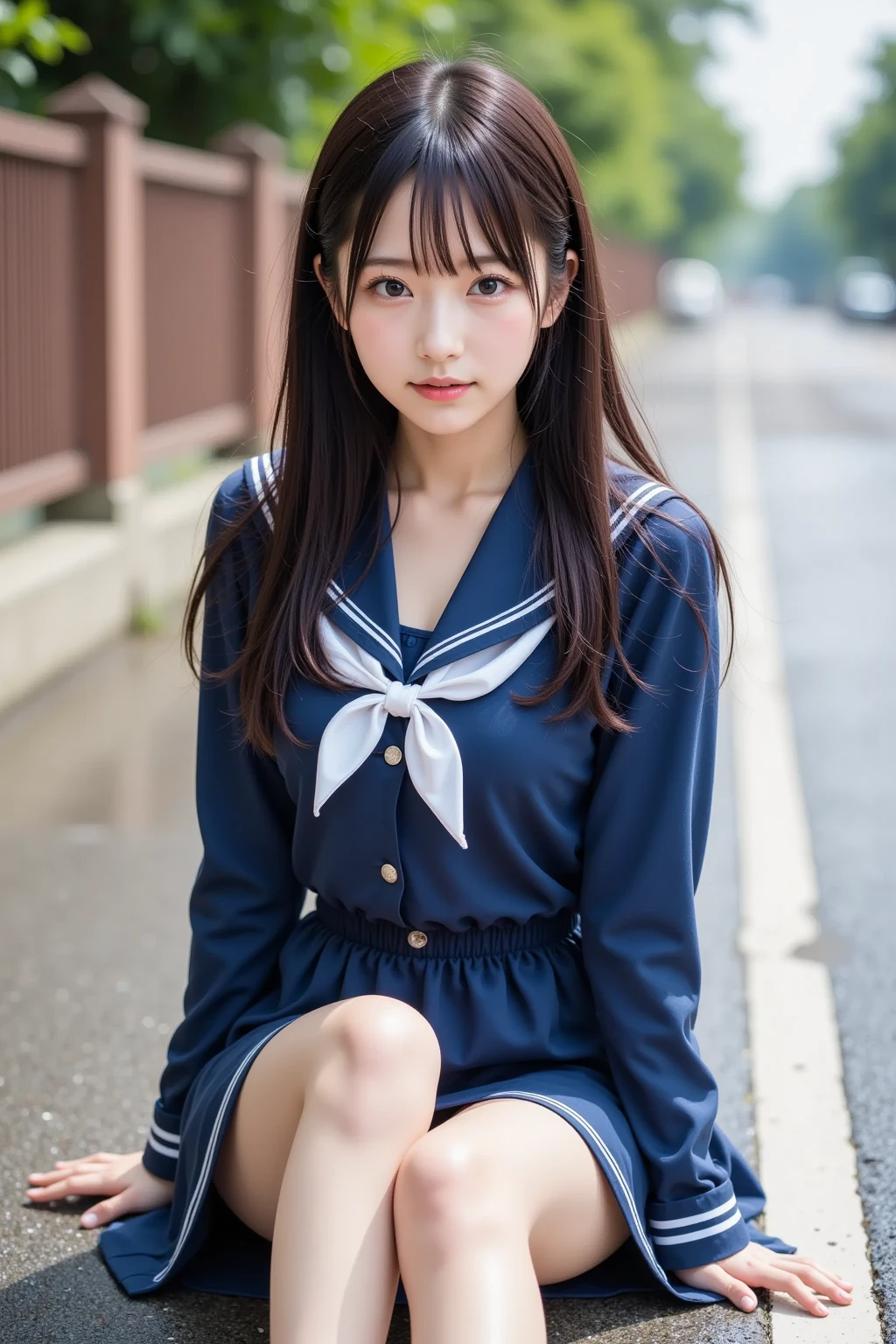  wearing a navy blue skirt and a traditional long-sleeved sailor suit with white accents、Fair-skinned Japanese  ******  professional photo of a girl .  she is sitting on a wet pavement ,  with her legs slightly open ,  Wearing .  composition emphasizes the slight reflection of her white pants in a small puddle .  The image emphasizes her idol-like beauty and 、Clearly ,  smooth skin and delicate facial features .  Soft, Natural Lighting ,  gentle shadows that enhance the texture of the uniform and the reflective surface of the puddle The .  the background is blurred to draw attention to the subject ,  composition creates a quiet yet playful atmosphere, and the .  Photographed with a 50mm lens f  /2. 8 ,  photorealistic aesthetics .