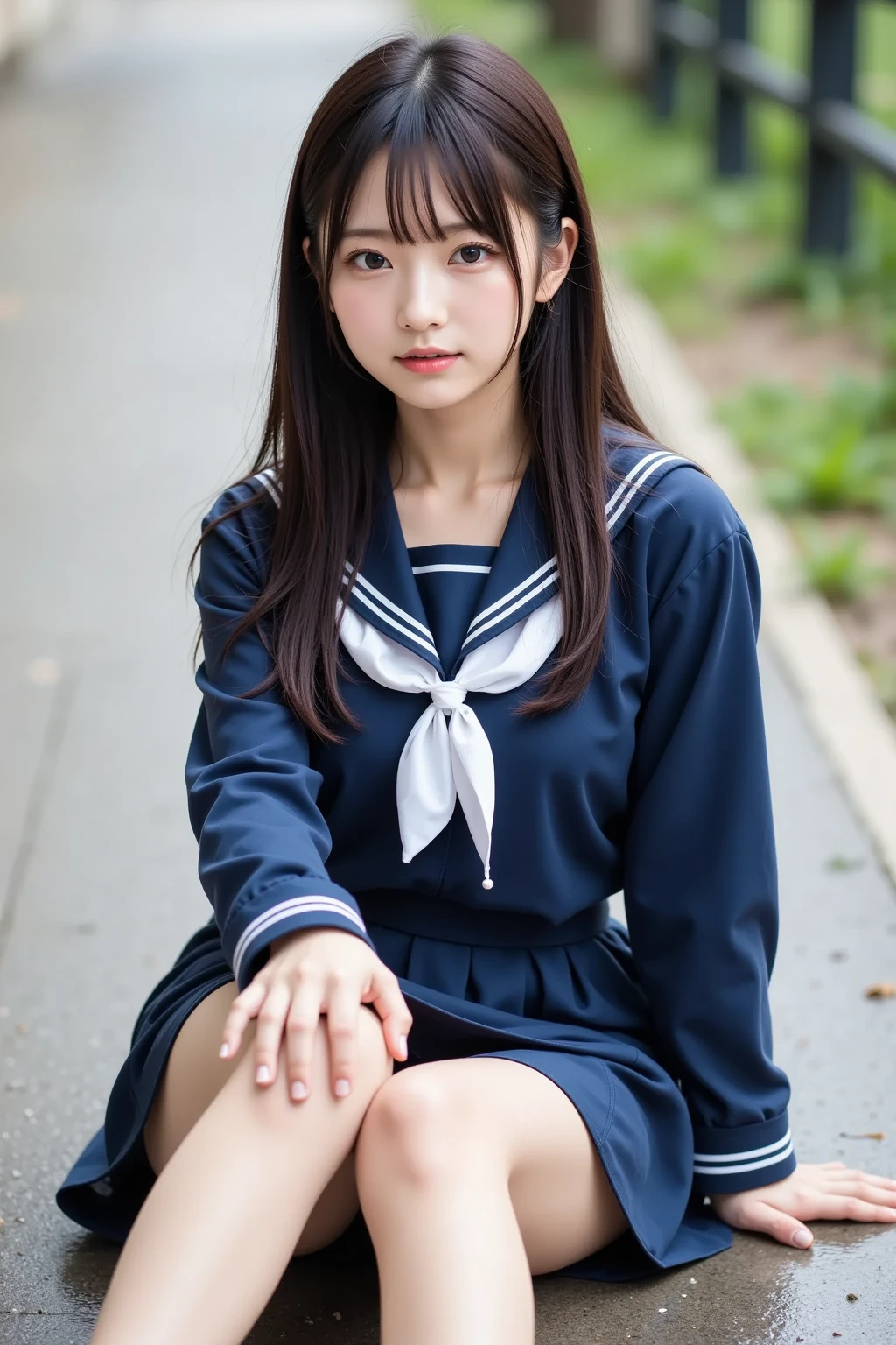  wearing a navy blue skirt and a traditional long-sleeved sailor suit with white accents、Fair-skinned Japanese  ******  professional photo of a girl .  she is sitting on a wet pavement ,  with her legs slightly open ,  Wearing .  composition emphasizes the slight reflection of her white pants in a small puddle .  The image emphasizes her idol-like beauty and 、Clearly ,  smooth skin and delicate facial features .  Soft, Natural Lighting ,  gentle shadows that enhance the texture of the uniform and the reflective surface of the puddle The .  the background is blurred to draw attention to the subject ,  composition creates a quiet yet playful atmosphere, and the .  Photographed with a 50mm lens f  /2. 8 ,  photorealistic aesthetics .