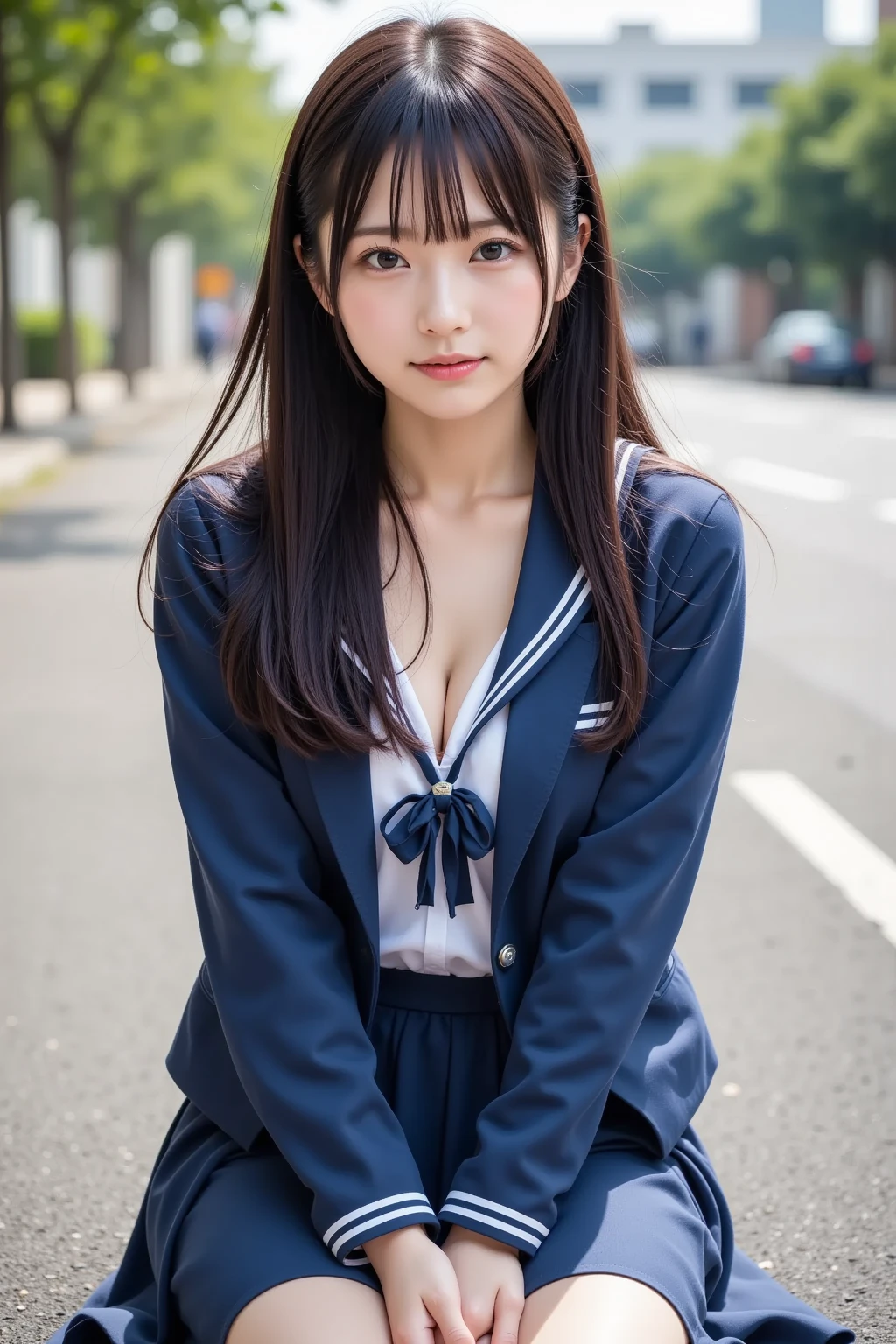  wearing a navy blue skirt and a traditional long-sleeved sailor suit with white accents、Fair-skinned Japanese  ******  professional photo of a girl .  she is sitting on a wet pavement ,  with her legs slightly open ,  Wearing .  composition emphasizes the slight reflection of her white pants in a small puddle .  The image emphasizes her idol-like beauty and 、Clearly ,  smooth skin and delicate facial features .  Soft, Natural Lighting ,  gentle shadows that enhance the texture of the uniform and the reflective surface of the puddle The .  the background is blurred to draw attention to the subject ,  composition creates a quiet yet playful atmosphere, and the .  Photographed with a 50mm lens f  /2. 8 ,  photorealistic aesthetics .