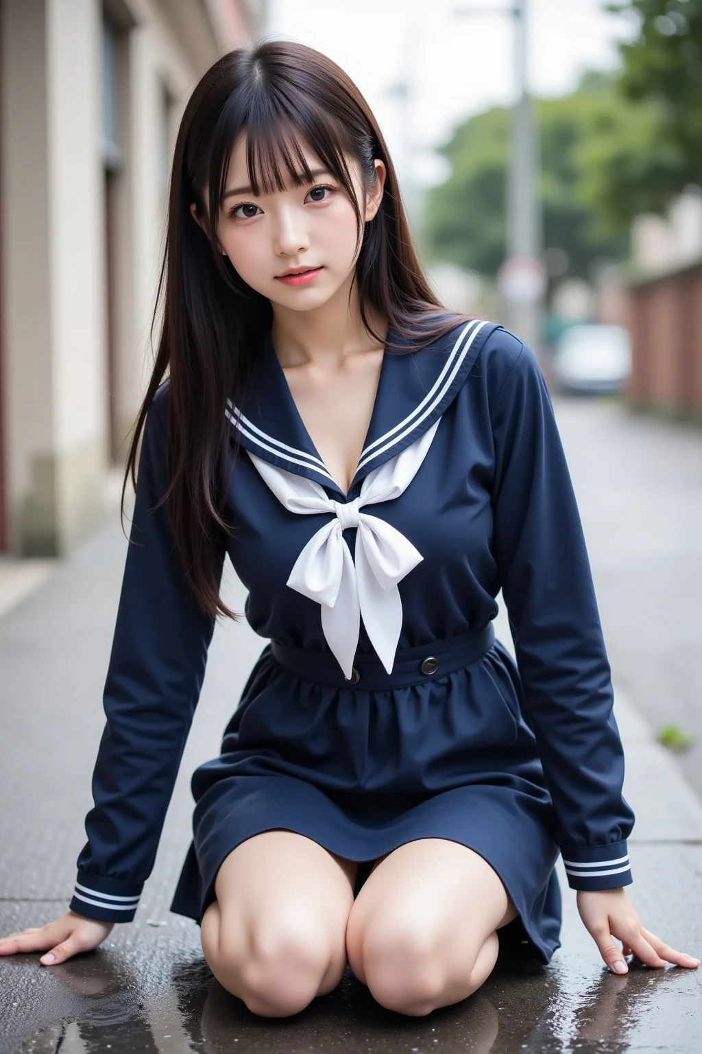  wearing a navy blue skirt and a traditional long-sleeved sailor suit with white accents、Fair-skinned Japanese  ******  professional photo of a girl .  she is sitting on a wet pavement ,  with her legs slightly open ,  Wearing .  composition emphasizes the slight reflection of her white pants in a small puddle .  The image emphasizes her idol-like beauty and 、Clearly ,  smooth skin and delicate facial features .  Soft, Natural Lighting ,  gentle shadows that enhance the texture of the uniform and the reflective surface of the puddle The .  the background is blurred to draw attention to the subject ,  composition creates a quiet yet playful atmosphere, and the .  Photographed with a 50mm lens f  /2. 8 ,  photorealistic aesthetics .