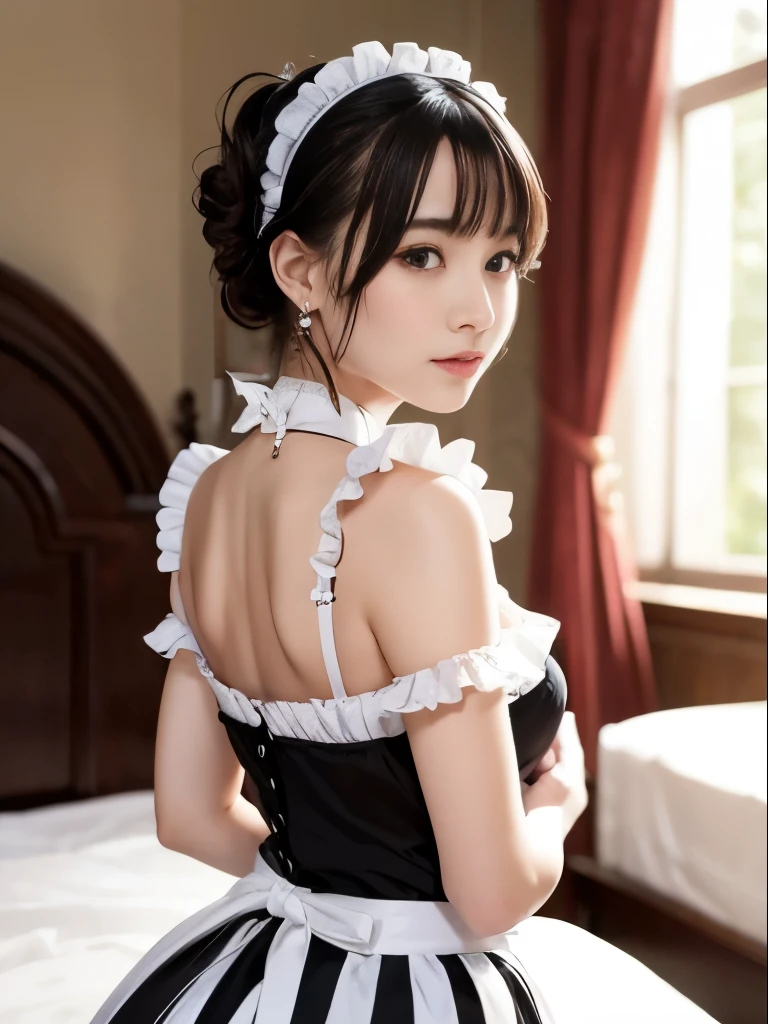 Wearing the cutest gothic maid in the world,Z Cup Big,Sculpture model attracts, (1girl in:1.3)、photos realistic、Photorealsitic:1.4 Official art、ultra-detailliert、Beautiful and aesthetic、Beautiful fece、masterpiece、top-quality、Standing by the window、Poses that sexually provoke men、Inviting eyes、an ecstatic look on one's face、the buttocks are small、Colossal 、Chest exposed、(barechested)、The cutest maid choker in the world、The cutest gloves in the world、The most beautiful skin in the world、The cutest earrings in the world、The cutest sleeping face in the world、The cutest gravure idol pose in the world、The most attractive body in the world、The whole body is shown、Old Western-style building