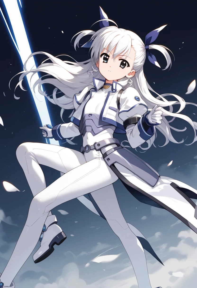 score_9, score_8_up, score_7_up, score_6_up, score_5_up, score_4_up, source_anime, aavivio, long hair, long hair, white hair, ahoge, two side up, hair ribbon,, black eyes, flat chest, white bodysuit, cropped jacket, white jacket, white puffy sleeves, white long sleeves, white gloves, white armor, white footwear