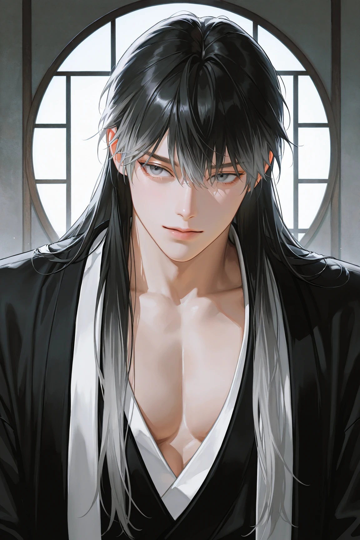 Handsome man, mature man, 1 man, handsome man, highlights, male focus, focus, high details, perfect eyes, Korean men, thick brushstrokes, cinematic light, semi-realistic art, semi-realistic art style, impressionist painting,detailed art style, expressive brush strokes, vibrant brush strokes, impressionist painting,realistic skin, realistic hair, realistic details, photo realistic, High details, uncensored, Man, handsome, black Long hair, Pale Gray eye color, Black Hanfu, Ancient oriental style, Masterpiece, highest quality, 4K,8k, high resolution, masterpiece:1.2), ultra-high and detailed, complicated details, high fashion, dramatic lighting