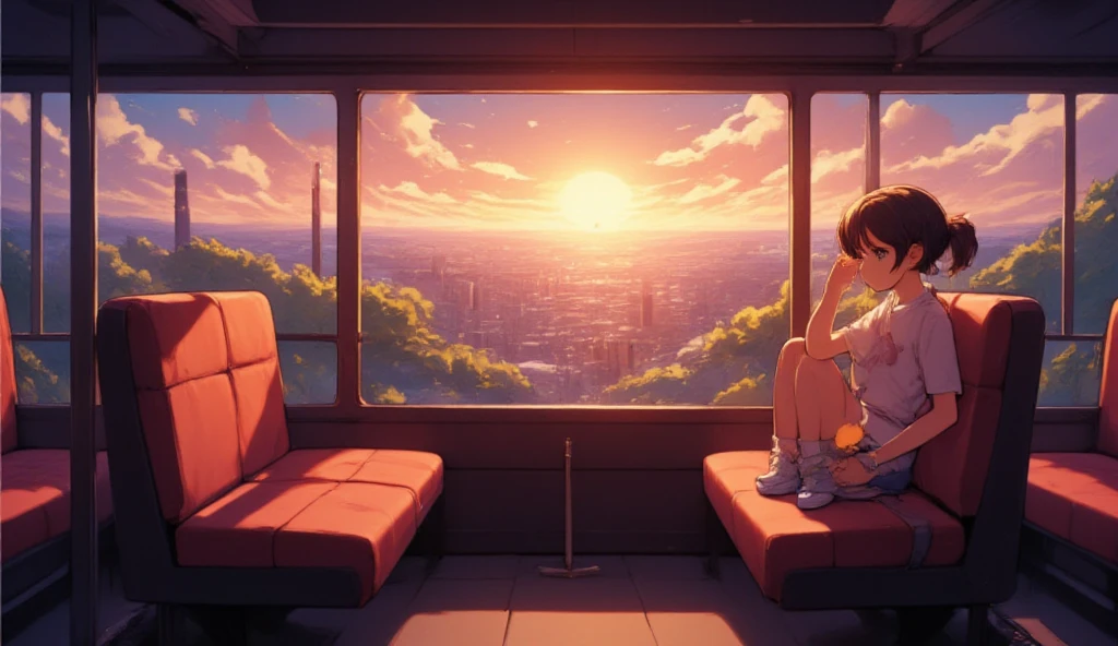 A vibrant 1980s anime-style illustration of a teenage female student sitting inside a Japanese train . She is facing right and looking thoughtfully out the window, lost in her emotions . The time is between early afternoon and dusk , casting warm orange and soft pink hues throughout the scene. She is wearing casual clothing , not a uniform, and has headphones on her ears, adding a modern touch to her retro look . Her upper body occupies about 30% of the frame , while the rest captures the authentic interior of a Japanese train , with hand straps , seats , and windows . Outside the window, a dreamy cityscape blurs into the sunset . The atmosphere is deeply emotional , blending nostalgia and serenity .